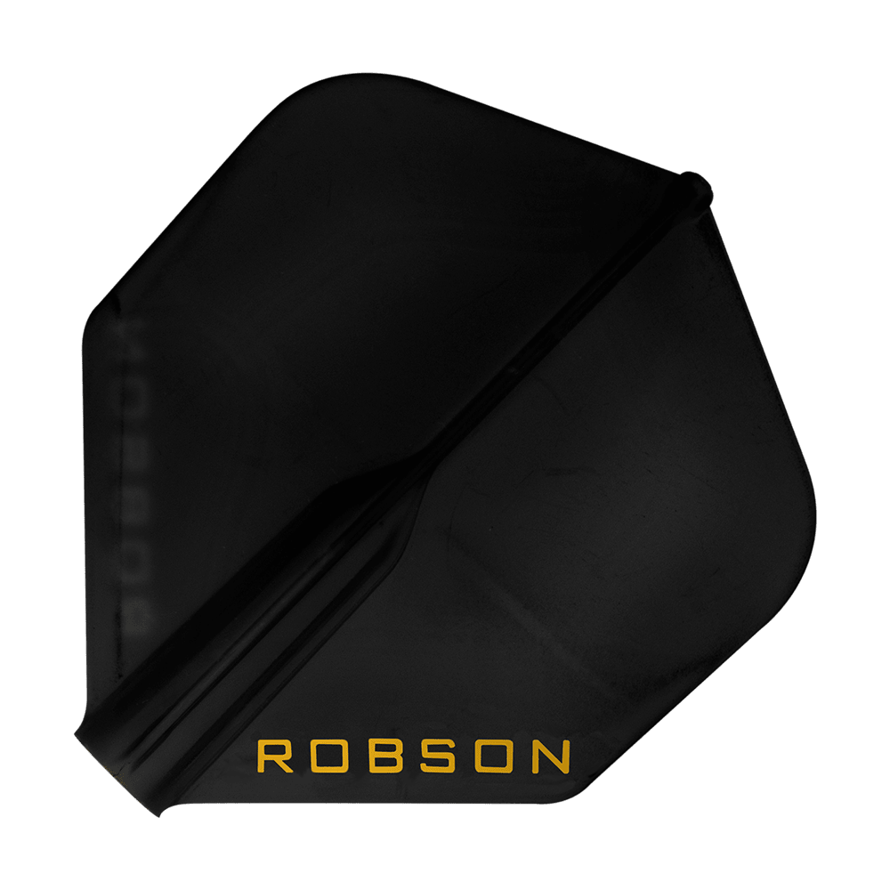 Voli Robson Plus - Standard Dies ist ein schwarzes Dartflight mit der Aufschrift "ROBSON" in gelber Farbe. Das Flight hat eine Standardform und wirkt robust.