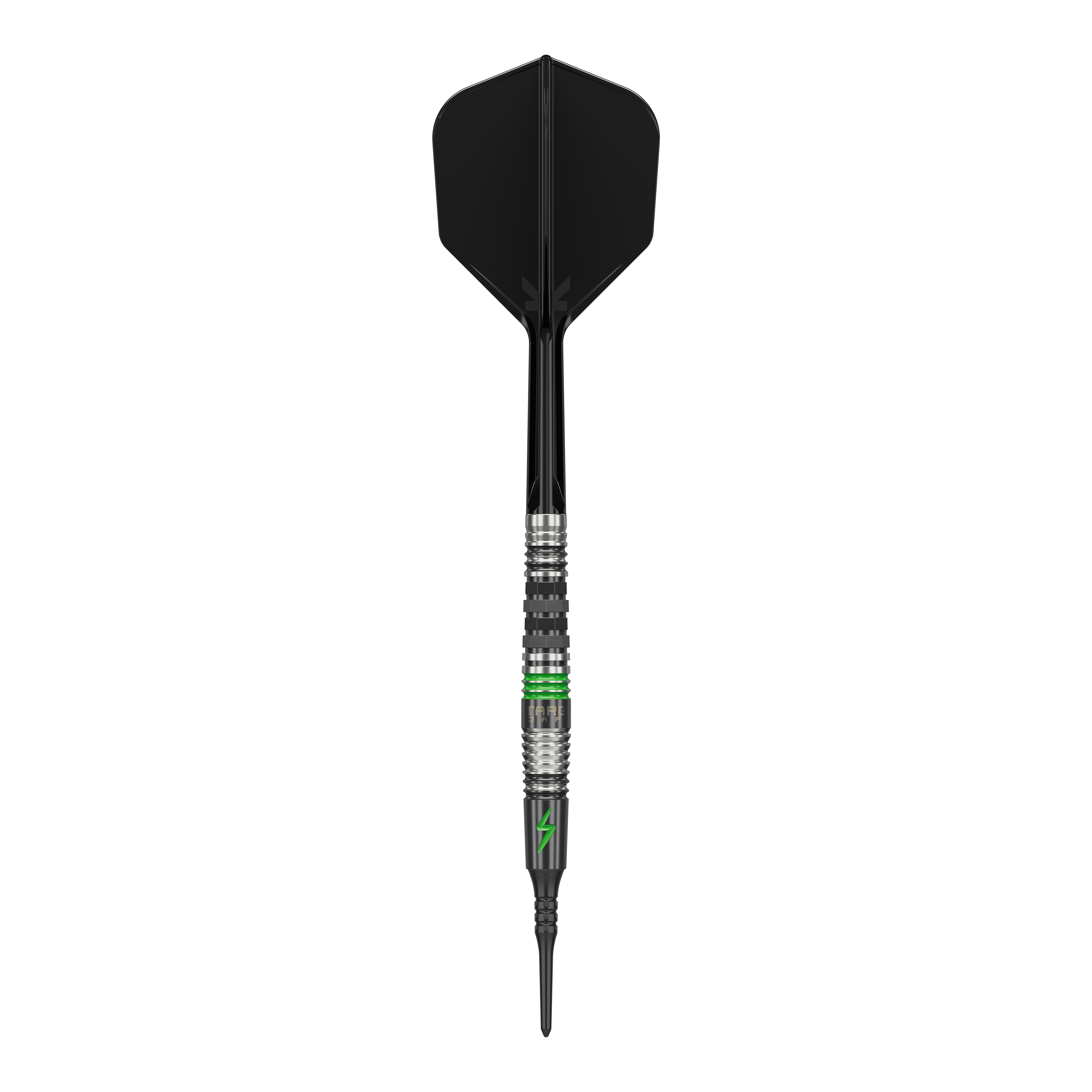 Target Japan Black Marque Lightning 3 freccette morbide - 19 g Dieses Bild zeigt einen Softdart mit dem Namen "Target Japan Black Marque Lightning 3" mit einem Gewicht von 19g. Der Dart ist überwiegend schwarz mit silbernen und grünen Akzenten gestaltet.