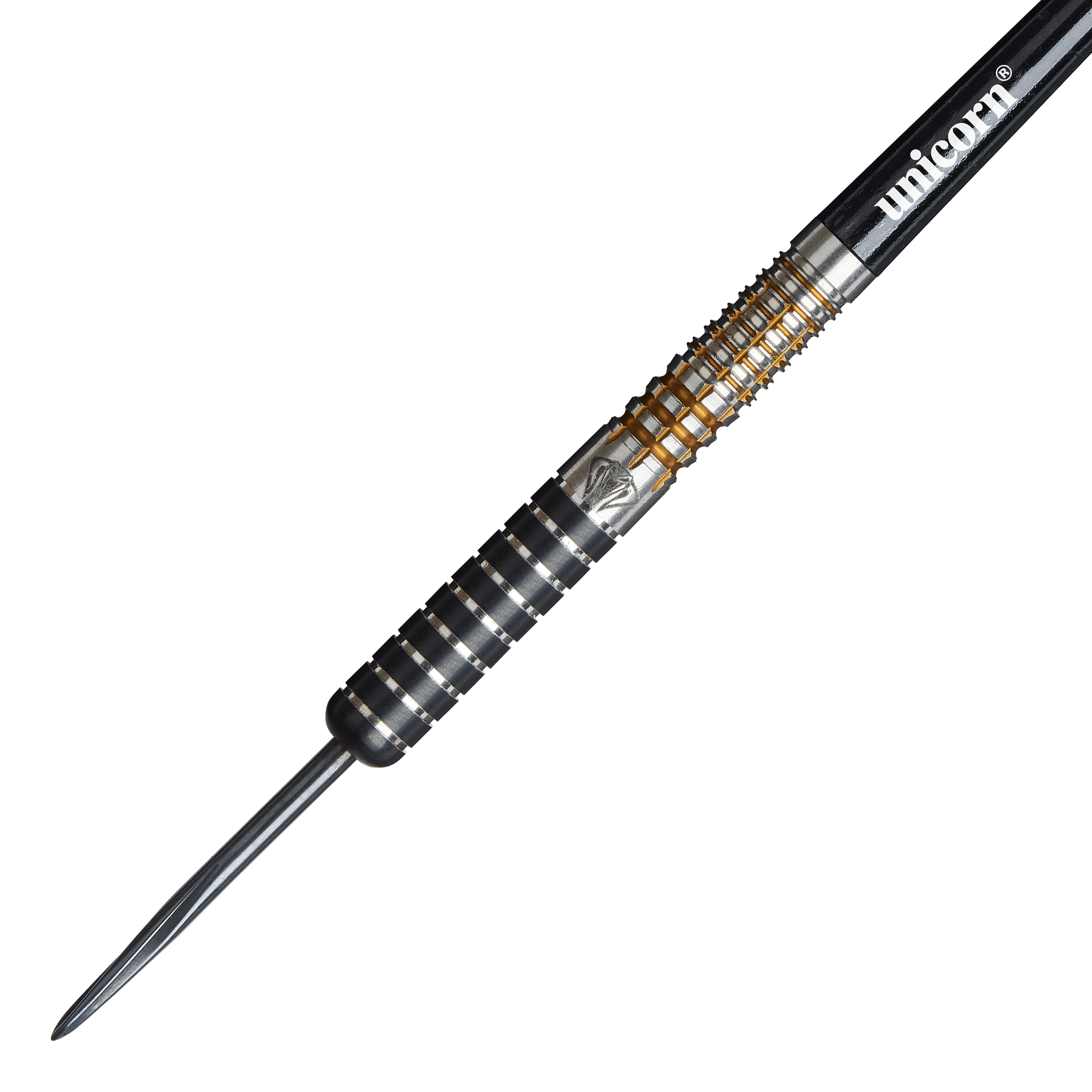 Das Bild zeigt einen Unicorn Maestro Jeffrey De Zwaan Phase 3 Steeldart. Der Dart hat ein silber-schwarzes Design mit goldenen Akzenten und der Aufschrift "unicorn" auf dem Schaft.
