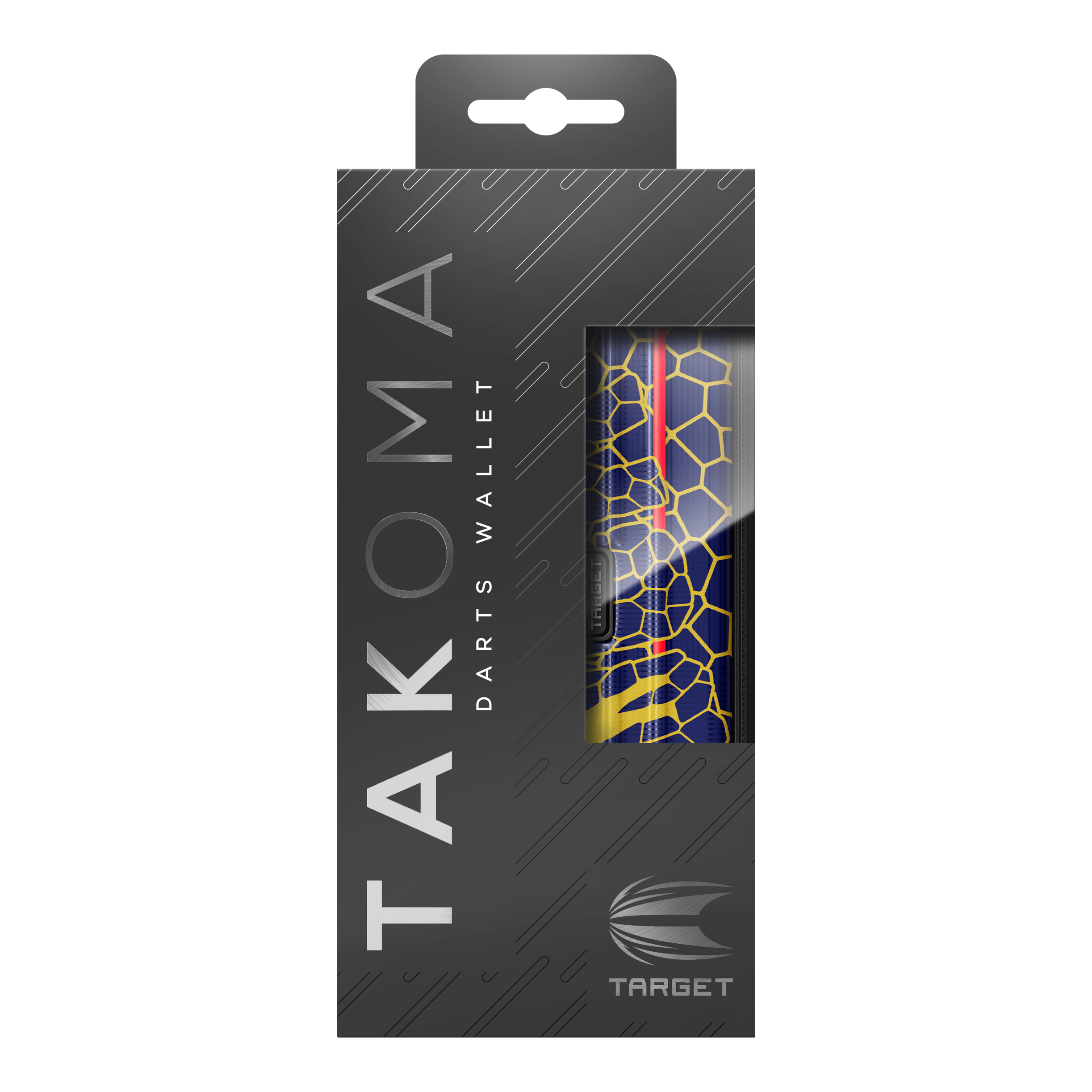 Custodia per freccette Target Takoma Josh Rock Dies ist das Target Takoma Josh Rock Dartcase in einer eleganten schwarzen Verpackung. Durch das Sichtfenster sieht man das Design des Dartcases mit einem blauen und gelben Wabenmuster.