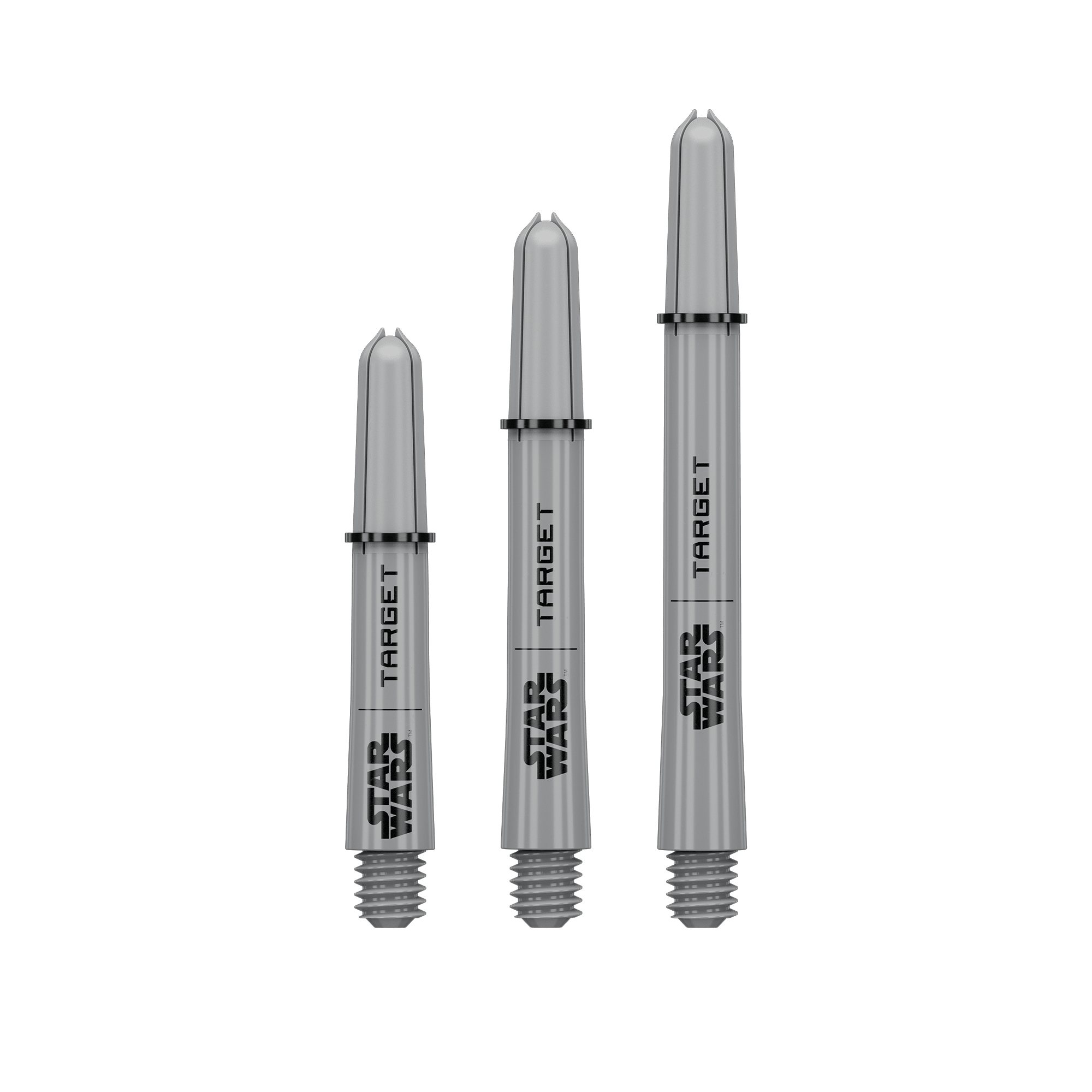 Aste Target Star Wars ProGrip - Grigio Abgebildet sind Target Star Wars ProGrip Shafts - Grau. Die grauen Dartschäfte eignen sich für präzise Würfe.
