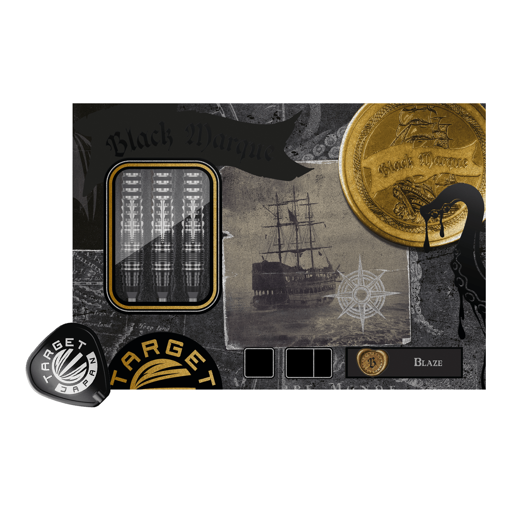 Dardi in acciaio Target Japan Black Marque Blaze Swiss Point - 23 g Das Bild zeigt die Target Japan Black Marque Blaze Swiss Point Steeldarts - 23g. Die Darts sind für das Steeldart-Spiel konzipiert und haben ein elegantes, schwarzes Design.