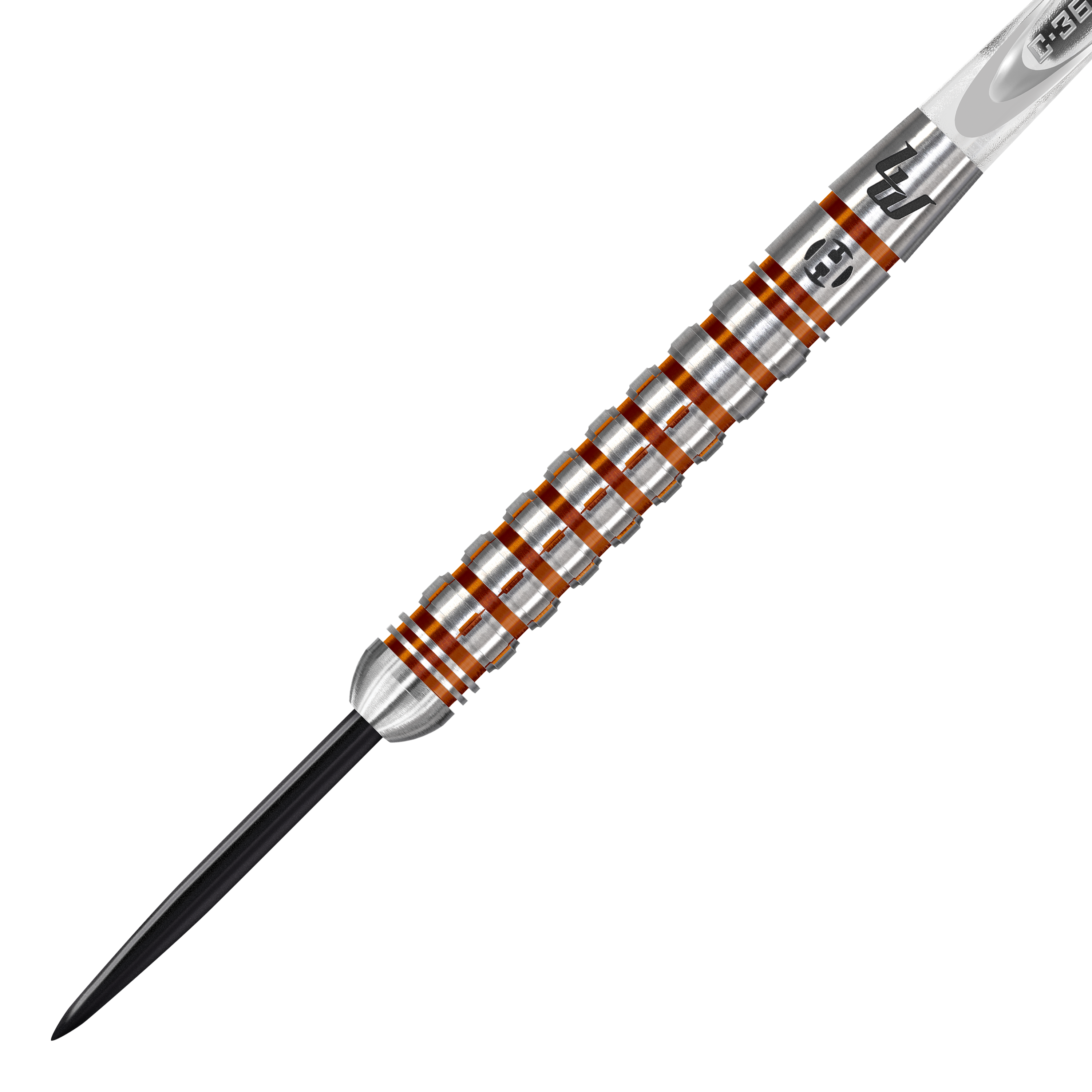 Freccette in acciaio Luke Woodhouse Series 2 di Harrow Das Bild zeigt einen Harrows Luke Woodhouse Series 2 Steeldart. Der Dartpfeil hat ein silbernes Griffstück mit orangenen Rillen und eine schwarze Spitze.