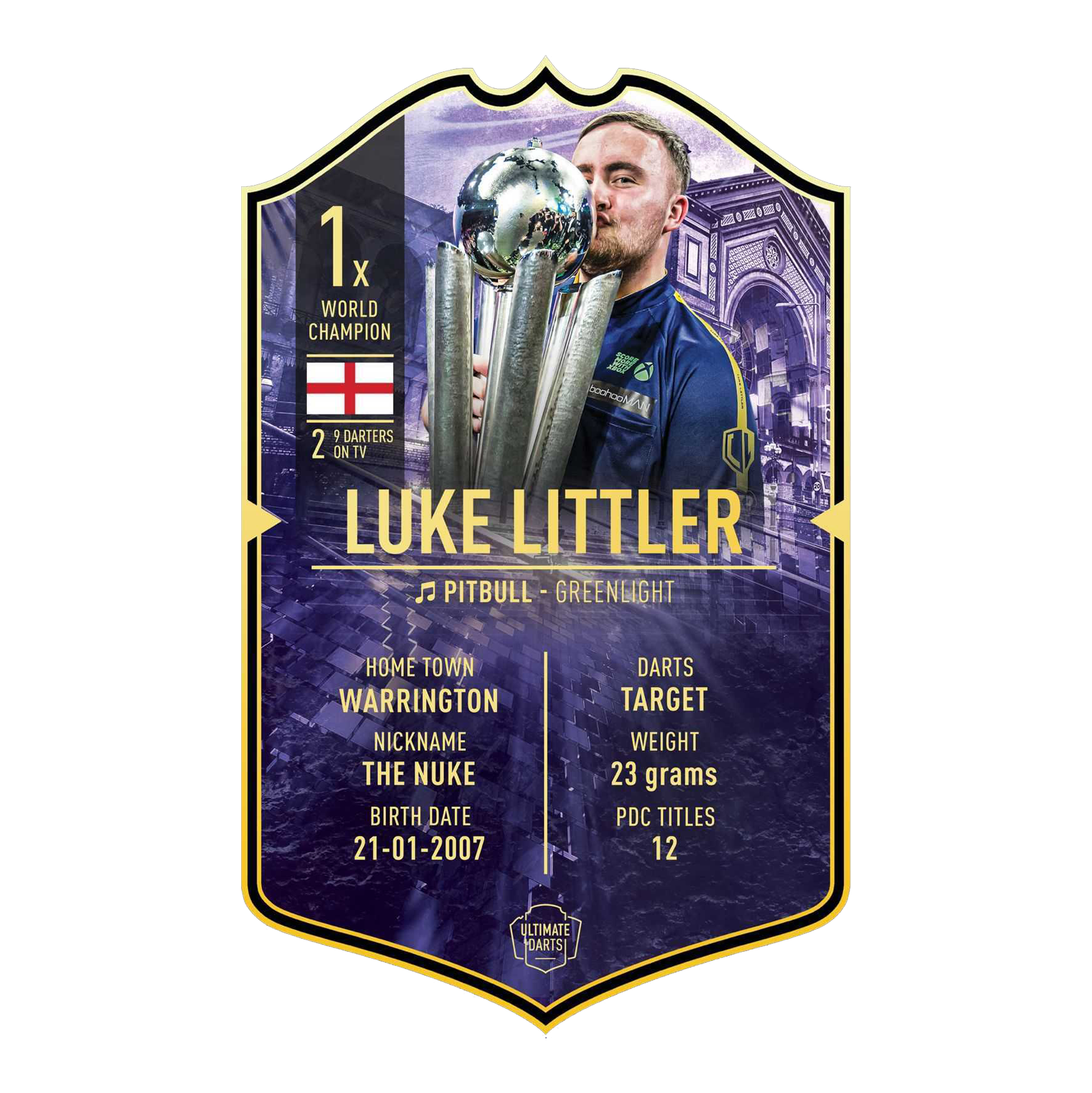 Carta freccette definitiva - Luke Littler Campione del mondo 2025 Die Abbildung zeigt die „Ultimate Darts Card - Luke Littler World Champion“. Auf der Karte ist Luke Littler mit seiner Trophäe sowie wichtige Informationen über ihn abgebildet.