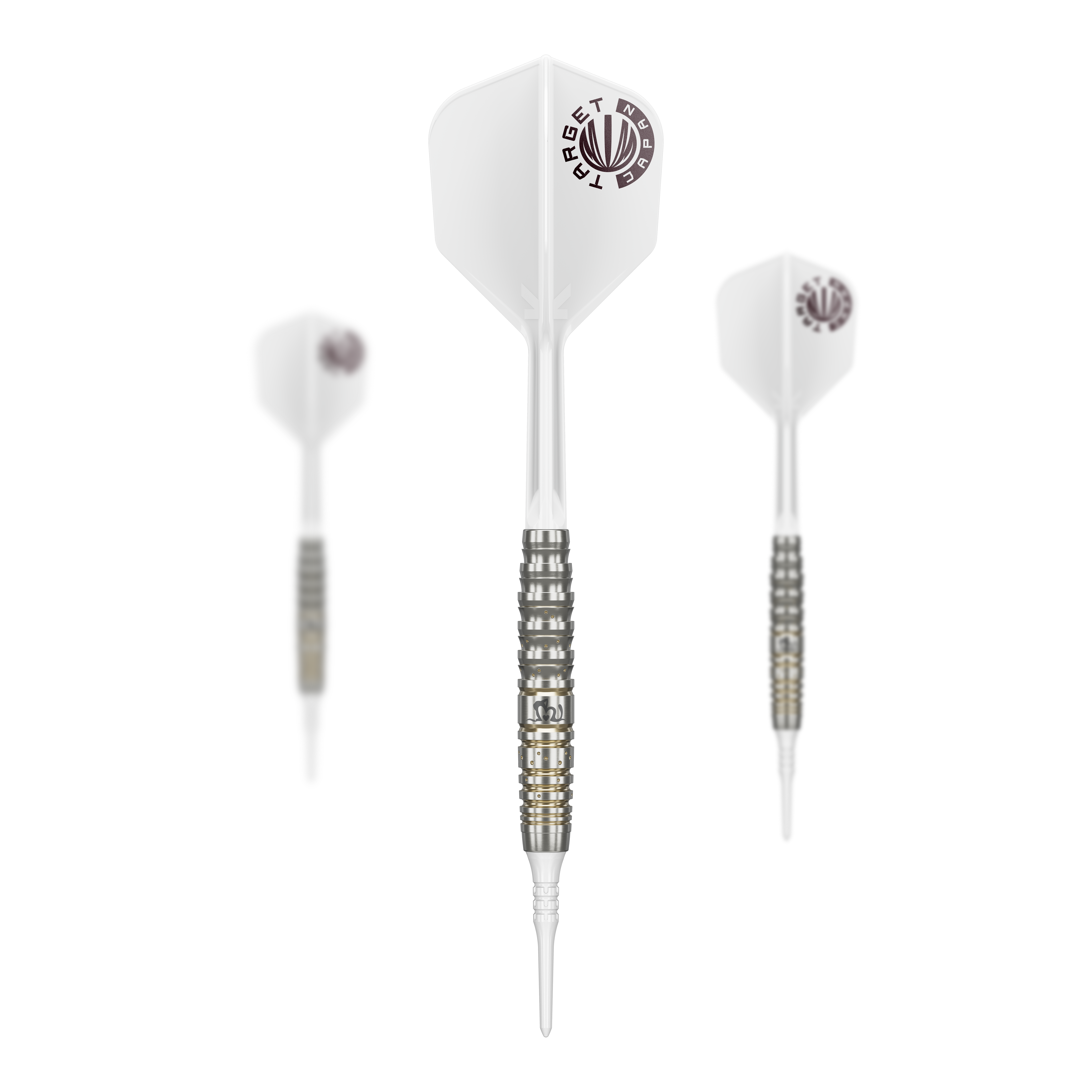 Target Japan Prime Series Mayujo Morita GEN6 Freccette morbide - 18 g Das Bild zeigt drei Softdarts der Serie „Target Japan Prime Series Mayujo Morita GEN6“ mit einem Gewicht von 18g. Die Darts haben weiße Flights und einen silber-schwarzen Barrel mit goldenen Akzenten.