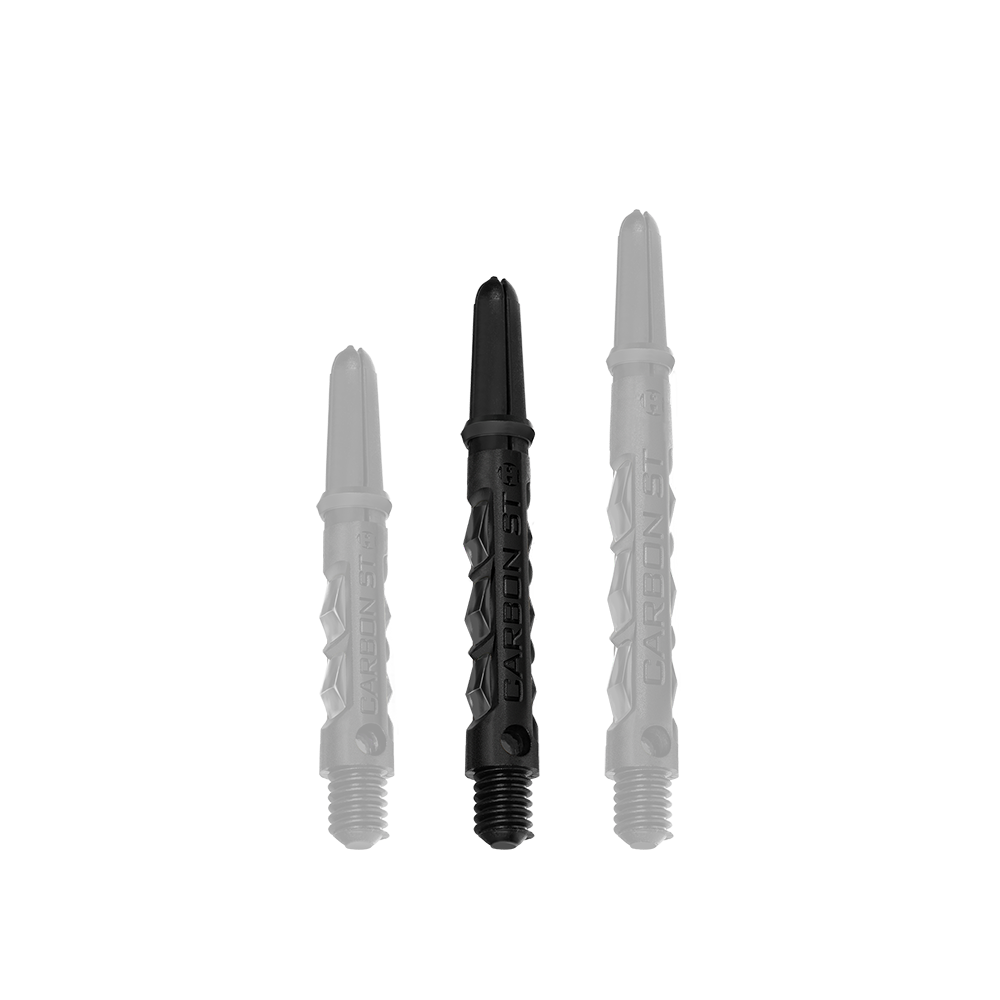 HR435_Harrows_Carbon_ST_Shafts_Schwarz_40mm_1V1fjkppyyNJnt Das Bild zeigt drei schwarze Harrows Carbon ST Shafts in verschiedenen Längen. Die Dartschäfte bestehen aus robustem Material und haben ein modernes Design.