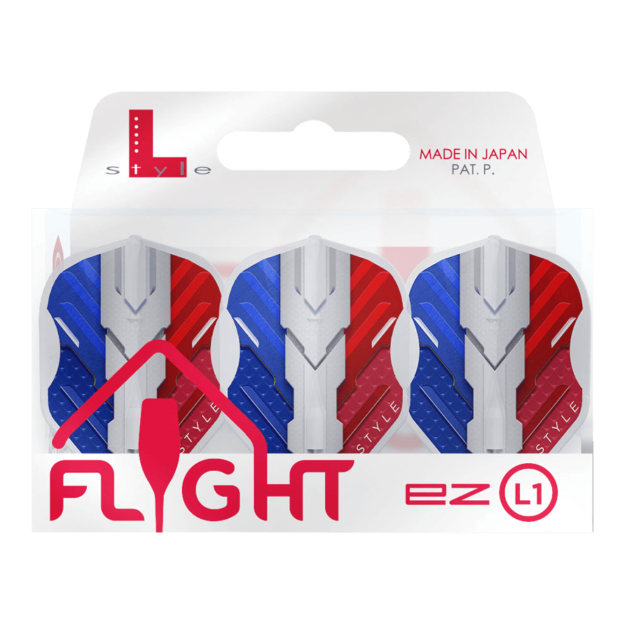 Alette L-Style V-Series V1 Tipo B Francia Bianco Trasparente L1EZ Das Bild zeigt eine Packung L-Style V-Series V1 Type B France Clear White L1EZ Flights. Die Flights sind in den Farben Blau, Weiß und Rot gestaltet und werden in Japan hergestellt.