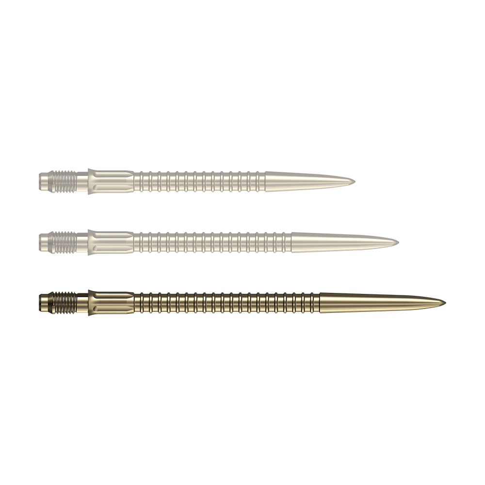 Punte per freccette Mission R2.5 Rapid Point GV1 - Oro Zu sehen ist eine einzelne goldene Dartspitze der Serie Mission R25 Rapid Point mit 40mm Länge. Die Spitze ist für den Einsatz beim Dartspiel geeignet.
