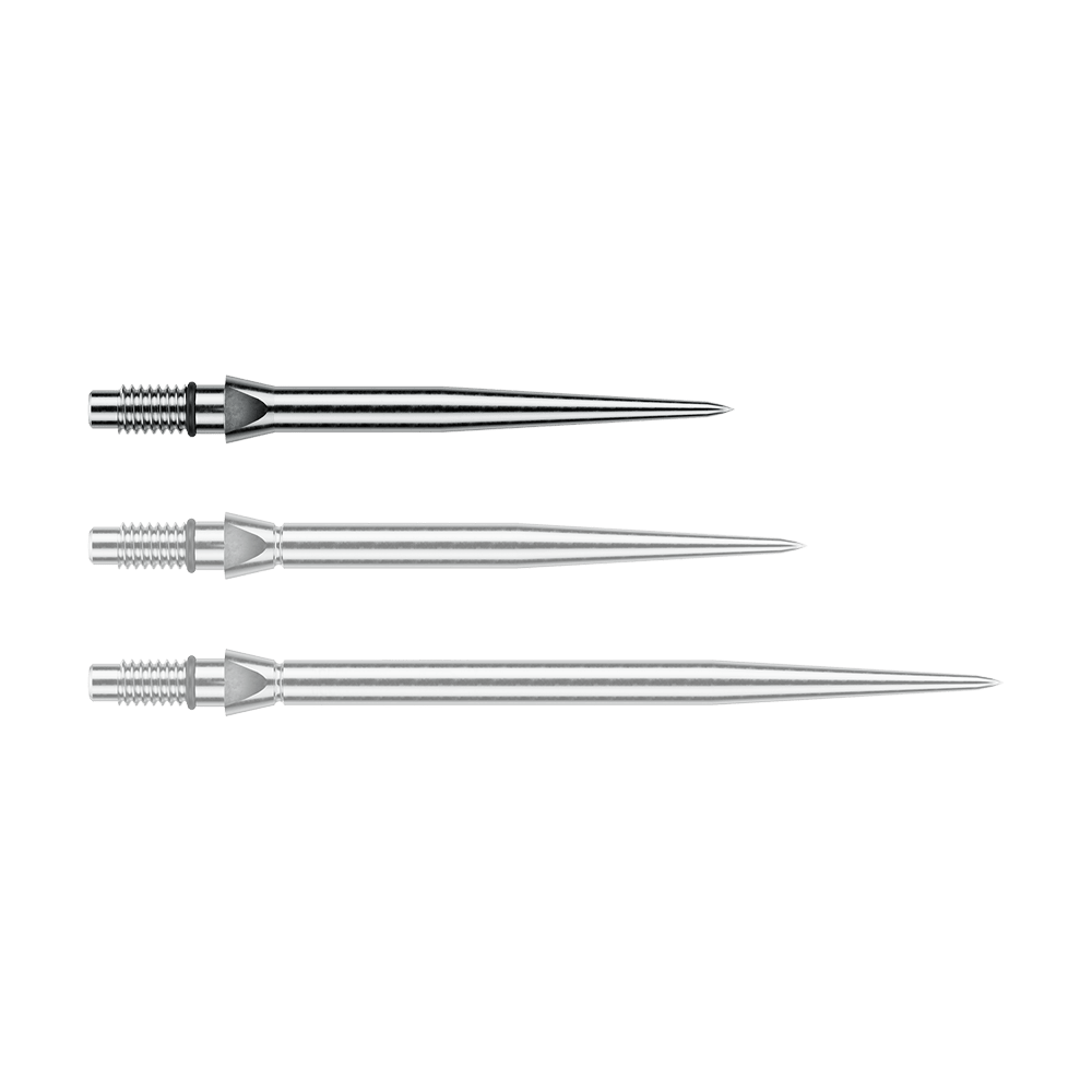 Das Bild zeigt eine silberne Steeldartspitze mit glattem Design. Die Länge beträgt vermutlich 26 mm.