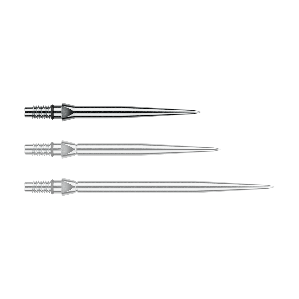 Winmau Switch Point Punte per freccette in acciaio liscio - Effetto argento Das Bild zeigt eine silberne Steeldartspitze mit glattem Design. Die Länge beträgt vermutlich 26 mm.