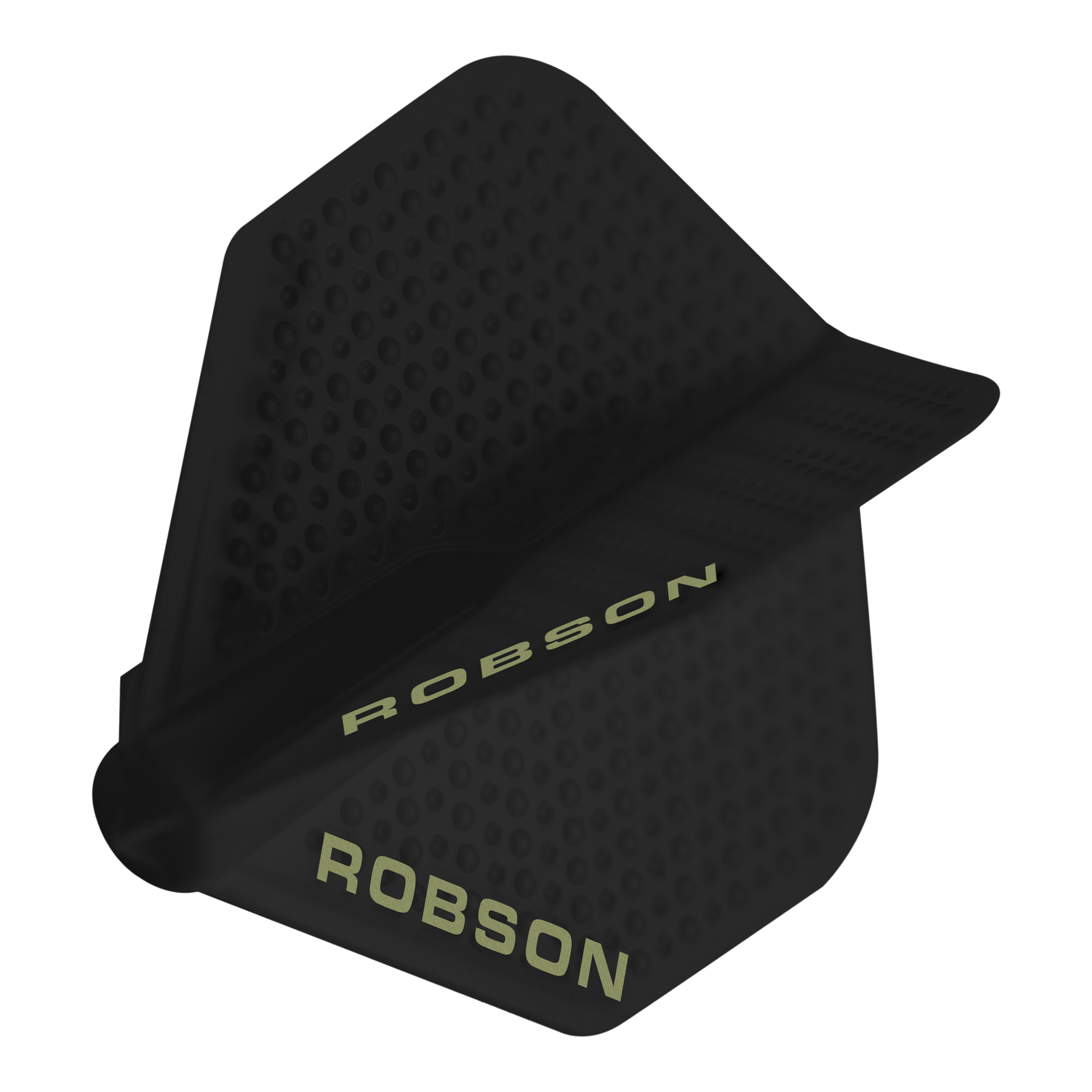 Voli Robson Plus Dimple - Nero Dies ist ein schwarzer Dartflight mit einer Dimple-Oberfläche. Auf dem Flight steht der Schriftzug „ROBSON“ in heller Farbe.