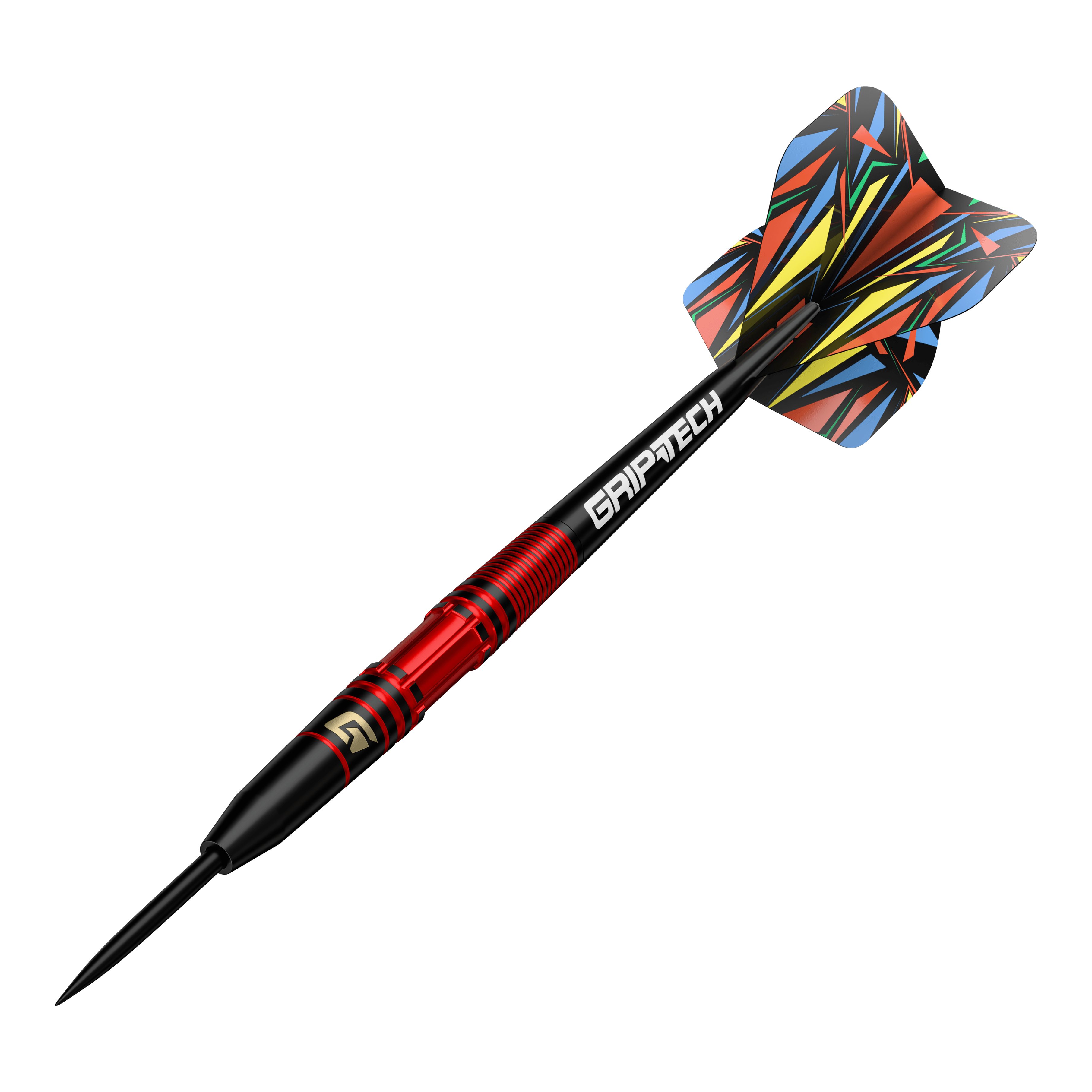 Freccette in acciaio GOAT Athlete in ottone rosso - 11 g Dies ist der GOAT Athlete Red Brass Steeldart mit einem Gewicht von 11g. Er hat ein auffälliges, bunt gemustertes Flight-Design und einen roten Griffbereich.