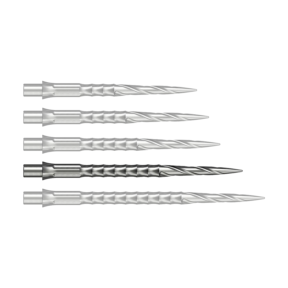 Punte per freccette in acciaio Caliburn System - Spiro - NoLip - argento Dieses Bild zeigt eine silberne Steeldartspitze mit einer Länge von 36 mm. Die Spitze gehört zum Caliburn Evo System und ist vom Typ Spiro NoLip.