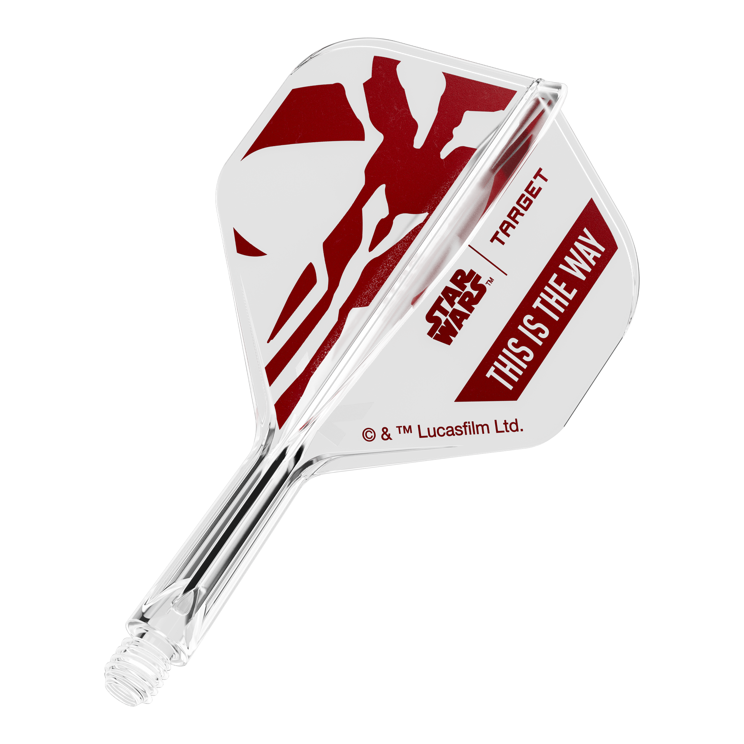 Abgebildet ist ein Flight für Darts, inspiriert von Star Wars. Es handelt sich um das Modell 'K-Flex This Is The Way No2 Standard Flights' mit 19mm Größe.