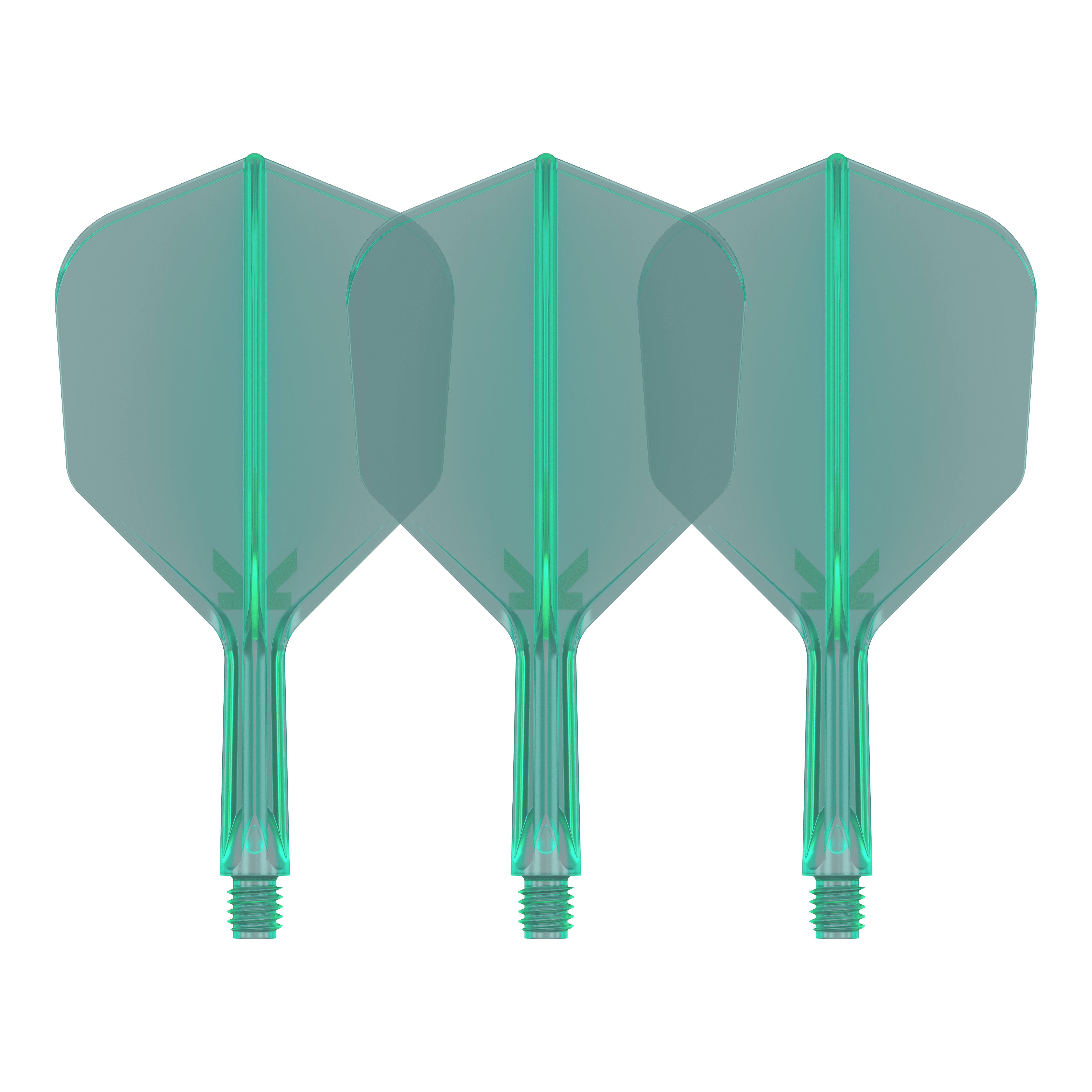 Sistema di volo Target K-Flex No6 - Verde Auf dem Bild sind drei grüne Dartflights mit integriertem Schaft zu sehen. Sie stehen nebeneinander und haben eine transparente Optik.