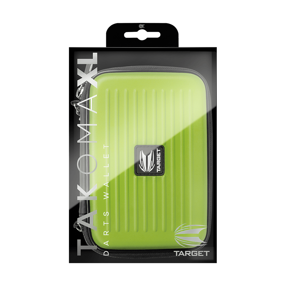 125858_Target_Takoma_XL_Dartwallet_Gr-n_3 Das Bild zeigt das Produkt "Target Takoma XL Dartwallet" in einer Verpackung. Das Dartwallet ist grün und hat ein modernes, geriffeltes Design mit dem Target-Logo in der Mitte.