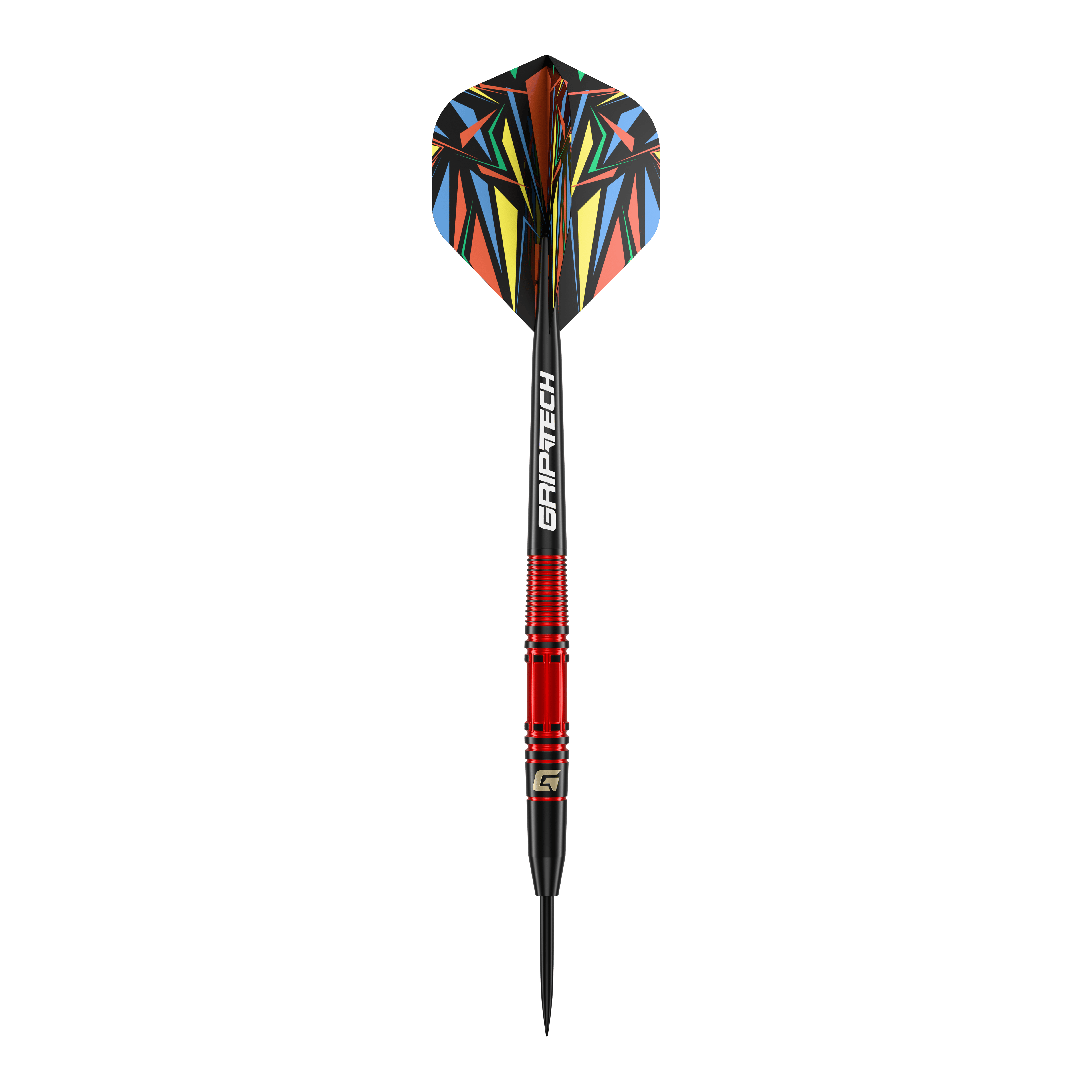 Freccette in acciaio GOAT Athlete in ottone rosso - 11 g Das Bild zeigt einen GOAT Athlete Red Brass Steeldart mit einem Gewicht von 11g. Er hat einen roten Schaft und bunte Flights mit geometrischen Mustern.