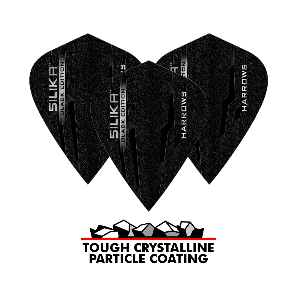 Voli per aquiloni Harrows Silika Black Edition Das Bild zeigt drei schwarze Harrows Silika Black-Edition Kite Flights mit glänzender Beschriftung. Darunter steht „Tough Crystalline Particle Coating“ mit einer Grafik von Kristallen.