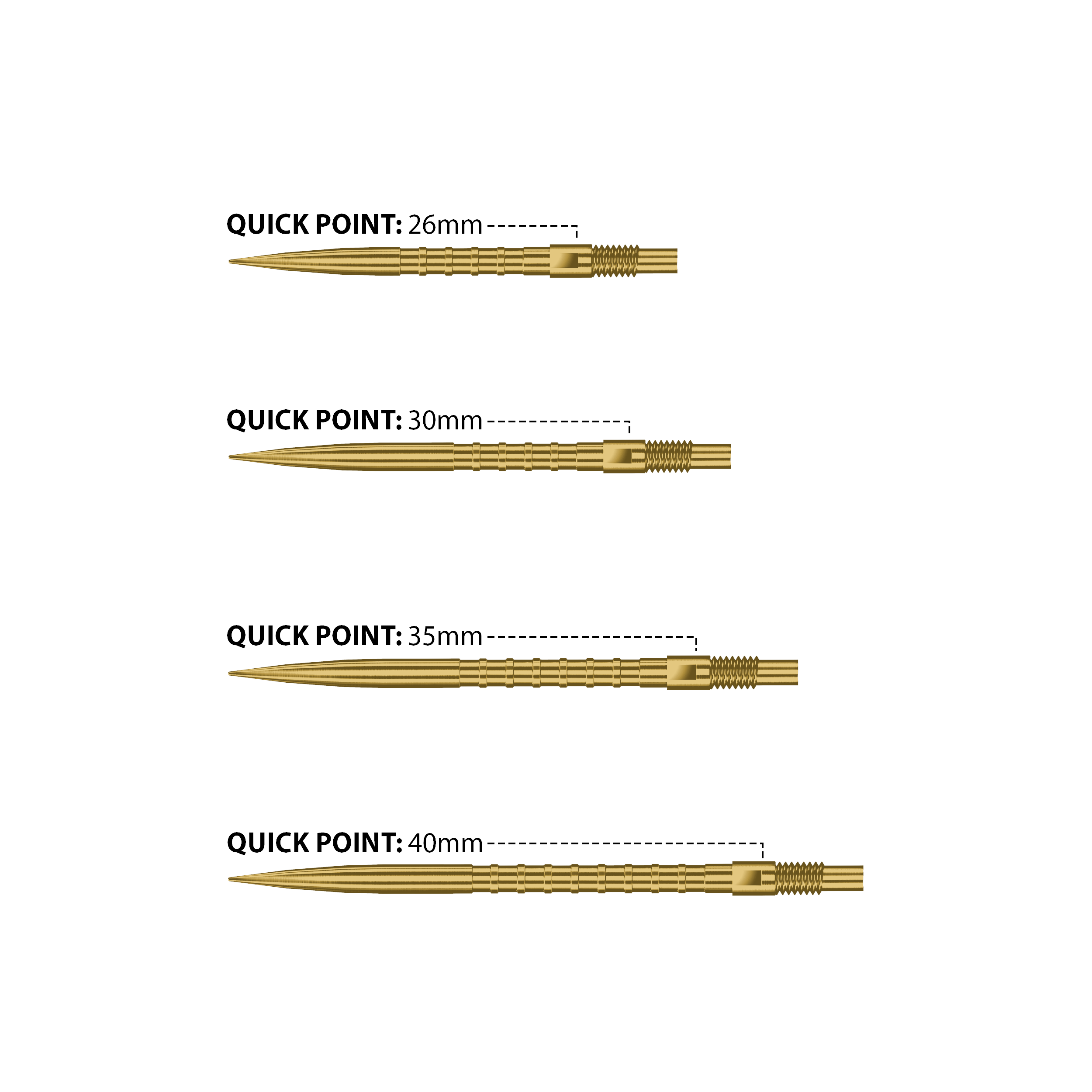 Punte per freccette Harrows Quick Point Heavy Metal - Oro Abgebildet sind Harrows Quick Point Heavy Metal Dartspitzen in Gold. Sie zeichnen sich durch ihre goldene Farbe und hohe Qualität aus.
