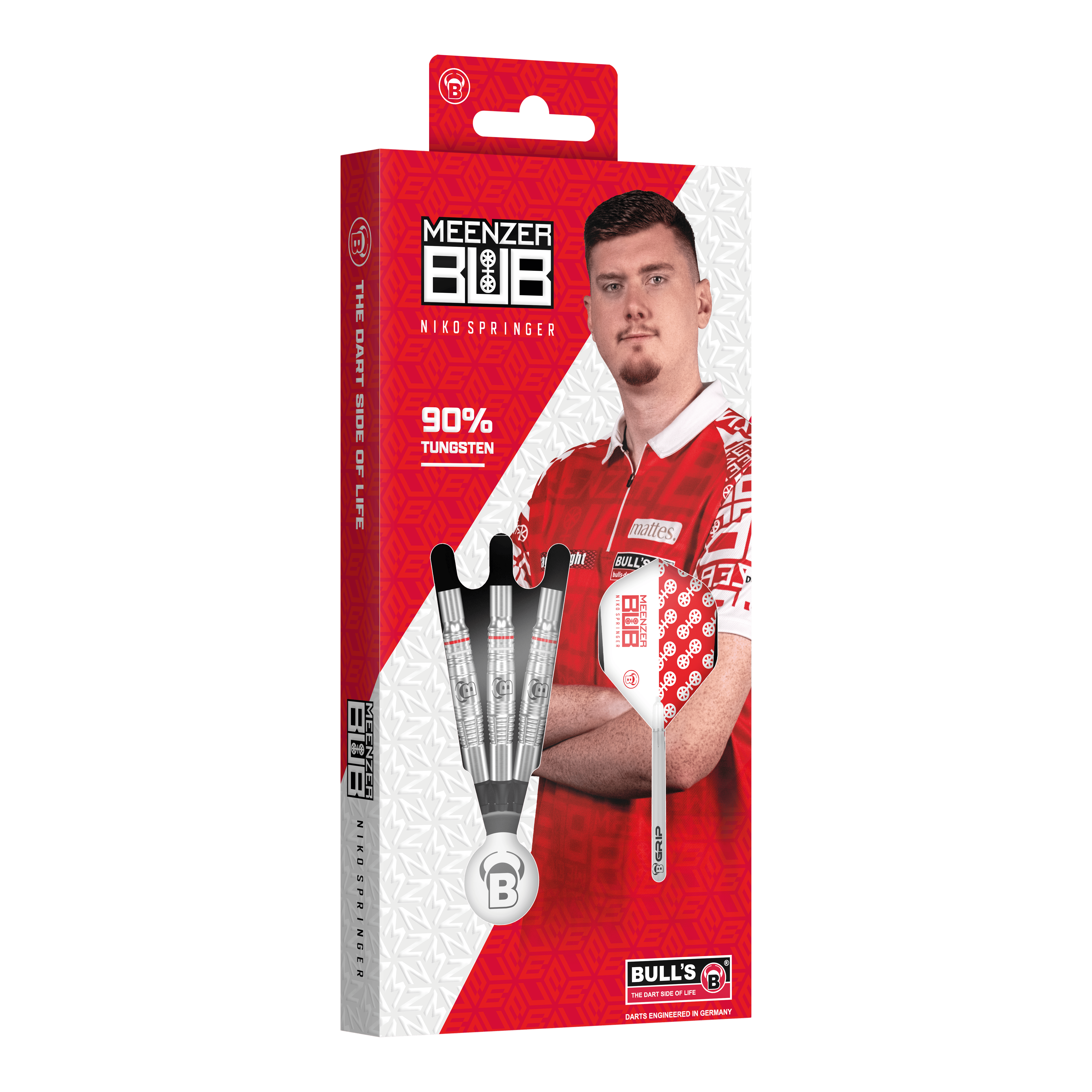 Freccette morbide Bulls Niko Springer - 22 g Auf dem Bild ist die Verpackung der "Bulls Niko Springer Softdarts - 22g" zu sehen. Die Packung zeigt drei Dartpfeile und ein Portrait von Niko Springer.