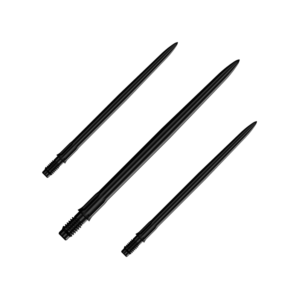 Das Bild zeigt ein Set schwarzer Dartspitzen mit einer Länge von 40mm. Es sind Mission R25 Rapid Point SM1 Dartspitzen abgebildet.