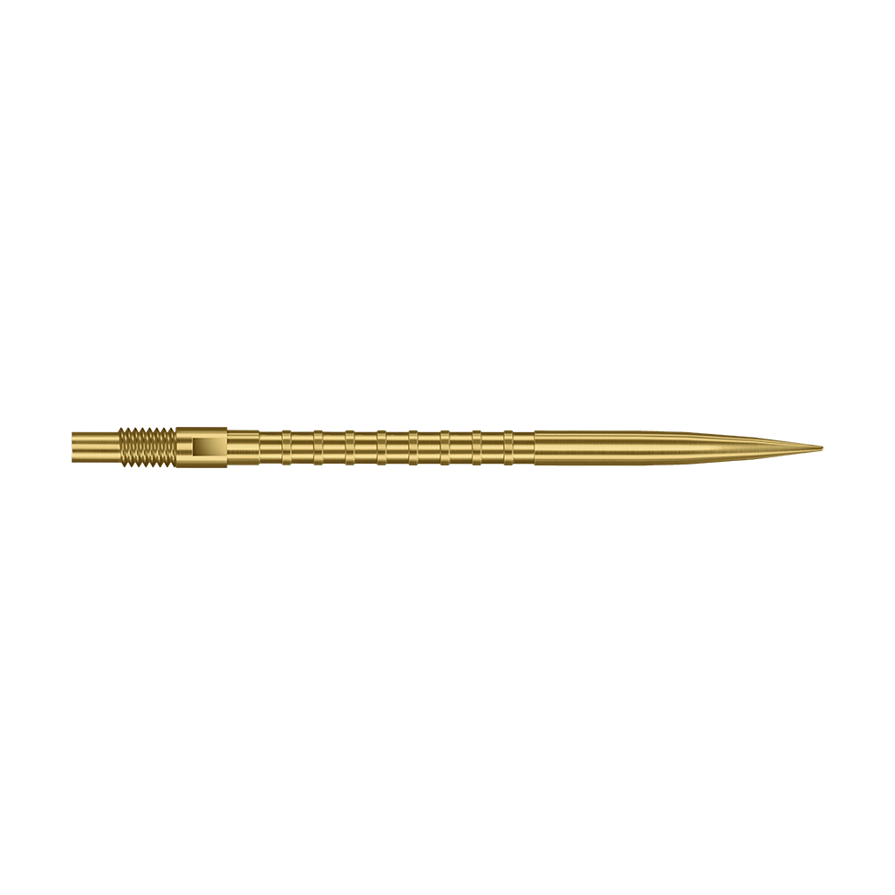 Das Foto zeigt eine 40 mm lange Harrows Quick Point Heavy Metal Grip Dartspitze in Gold. Die Spitze hebt den strukturierten Griff hervor.