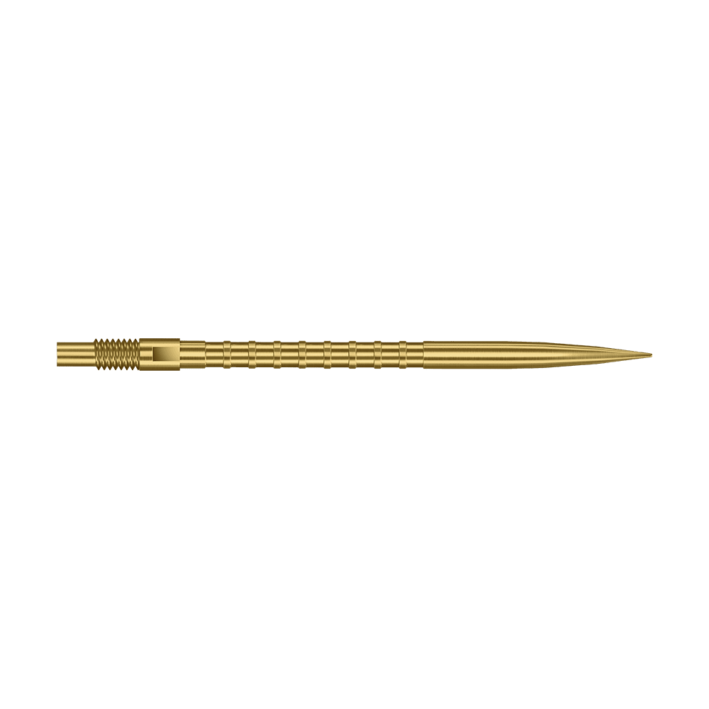 Punte per freccette Harrows Quick Point Heavy Metal - Oro Das Foto zeigt eine 40 mm lange Harrows Quick Point Heavy Metal Grip Dartspitze in Gold. Die Spitze hebt den strukturierten Griff hervor.