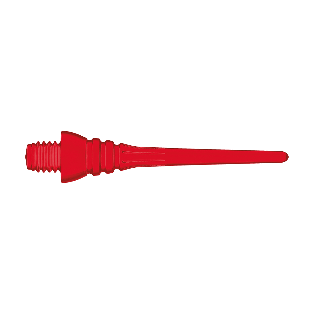 Winmau Triton Softtip Points Softdartspitzen (50-er Pack) Das Bild zeigt eine einzelne rote Softdartspitze mit Gewinde. Sie ist schlank und hat feine Rillen zur besseren Stabilität.