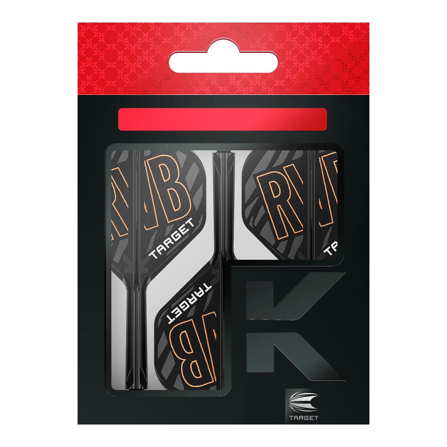Auf dem Bild ist eine Verpackung mit Dartflights und -schäften der Marke Target zu sehen. Die Flights tragen die Buchstaben "RVB" und sind schwarz-weiß mit orangener Schrift gestaltet.