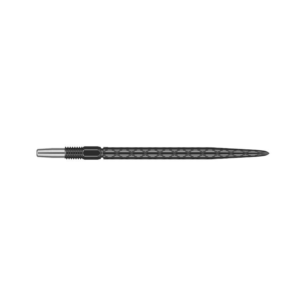 Punte per freccette Target Swiss Diamond Pro Black Points Das Bild zeigt eine schwarze Dartspitze mit rautenförmiger Struktur. Sie ist lang und schmal mit einem silbernen Gewinde am Ende.