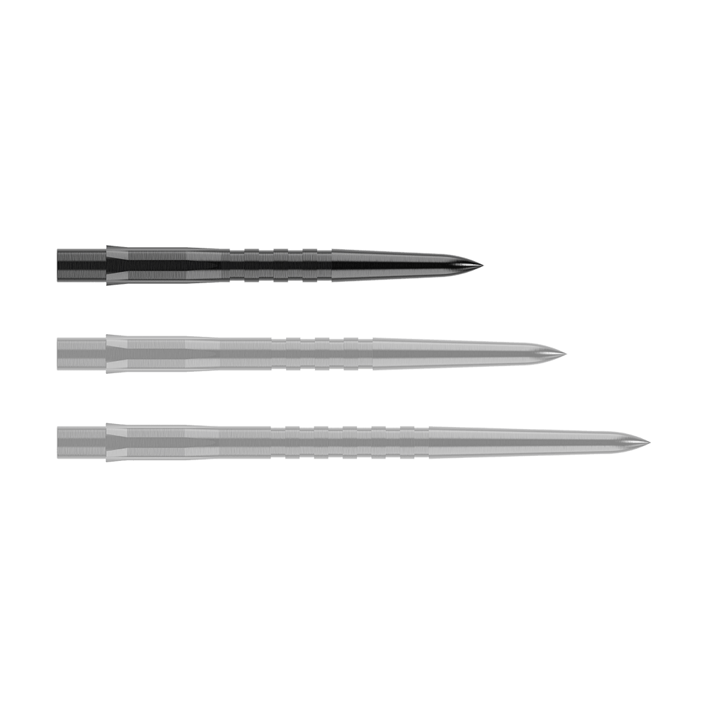 Punte per freccette Mission Caliburn EVO - Scanalate - Nere Auf dem Bild sind drei schwarze, gerillte Steeldartspitzen zu sehen. Sie liegen parallel nebeneinander auf einem transparenten Hintergrund.