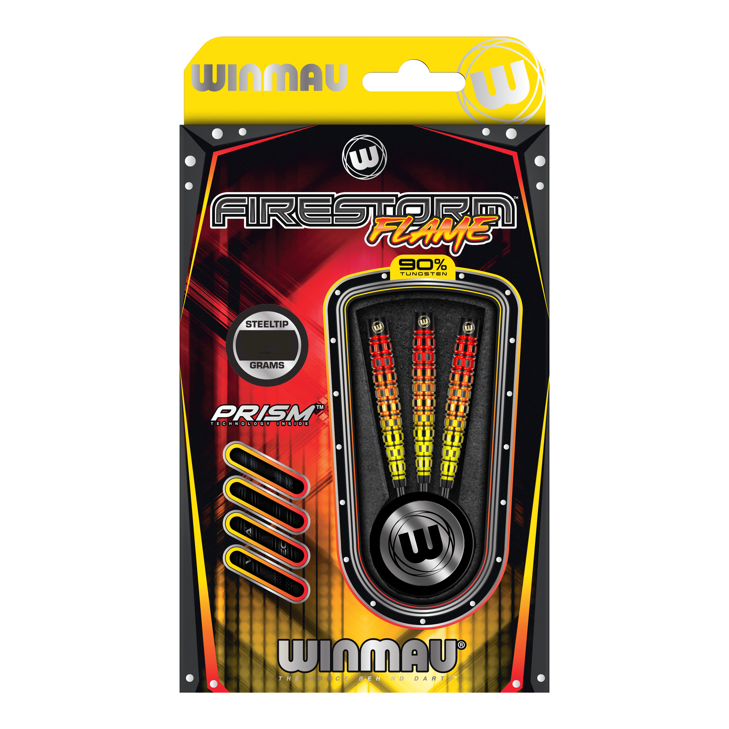 Dardi in acciaio affusolati Winmau Firestorm Flame Das Bild zeigt die Verpackung der "Winmau Firestorm Flame Tapered Steeldarts". In der Verpackung sind drei bunte Stahlspitzendarts mit einem auffälligen Flammen-Design zu sehen.