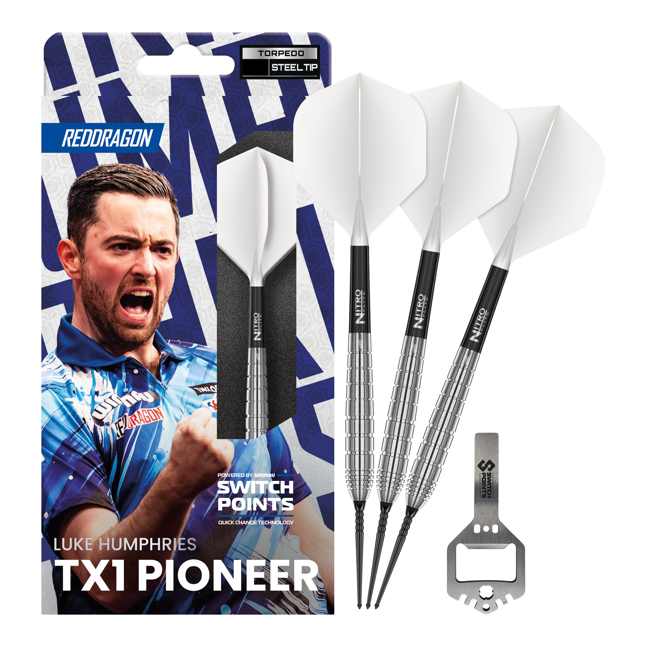 Freccette in acciaio Red Dragon Luke Humphries TX1 Pioneer Switch Point Dieses Bild zeigt die Red Dragon Luke Humphries TX1 Pioneer Switch Point Steeldarts in voller Ansicht. Die Darts sind für Präzision und hohe Leistung bekannt.