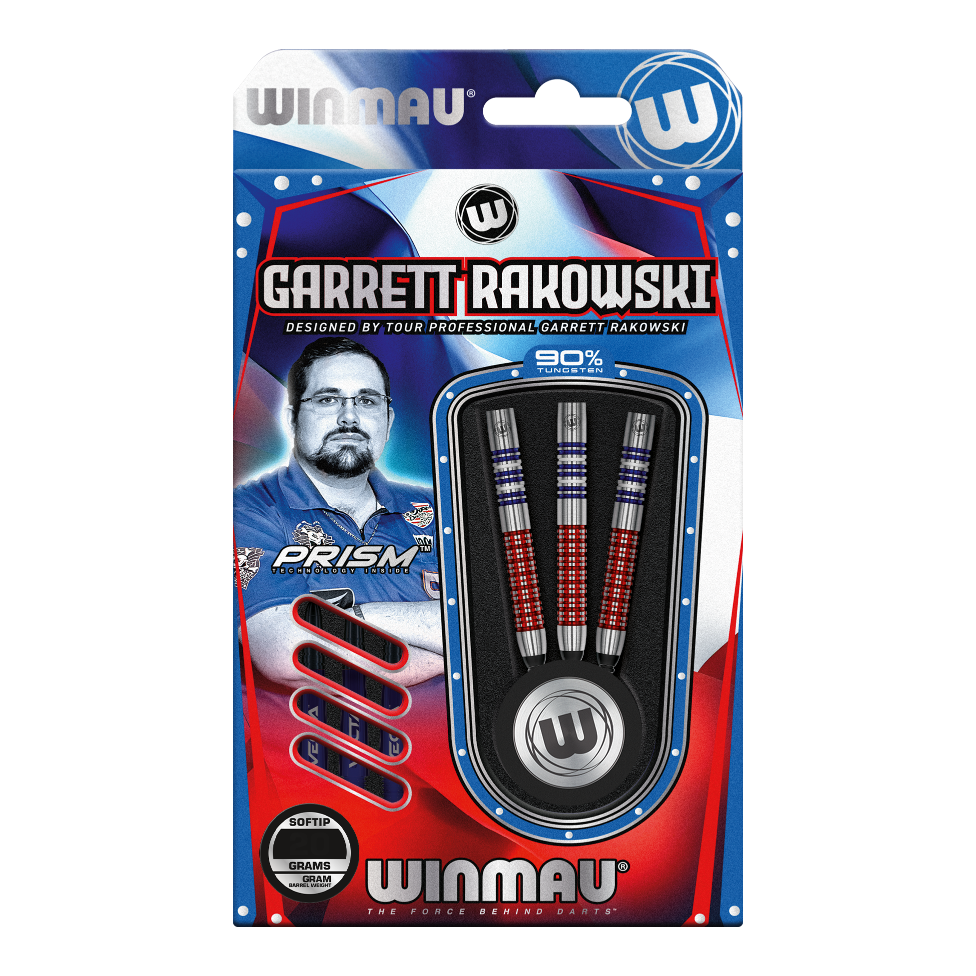 Freccette morbide Winmau Garrett Rakowski - 20g Auf dem Bild ist eine Verpackung der "Winmau Garrett Rakowski Softdarts - 20g" zu sehen. Die Verpackung zeigt die Darts sowie ein Bild von Garrett Rakowski und ist in Blau, Rot und Weiß gestaltet.