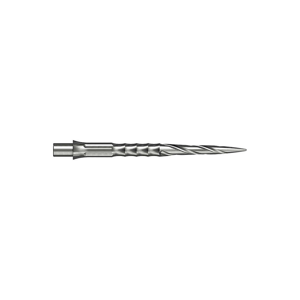 Punte per freccette in acciaio Caliburn System - Spiro - NoLip - argento Zwei silberne Steeldartspitzen sind abgebildet. Die Spitzen sind 30 mm lang und haben ein Spiro NoLip Design.