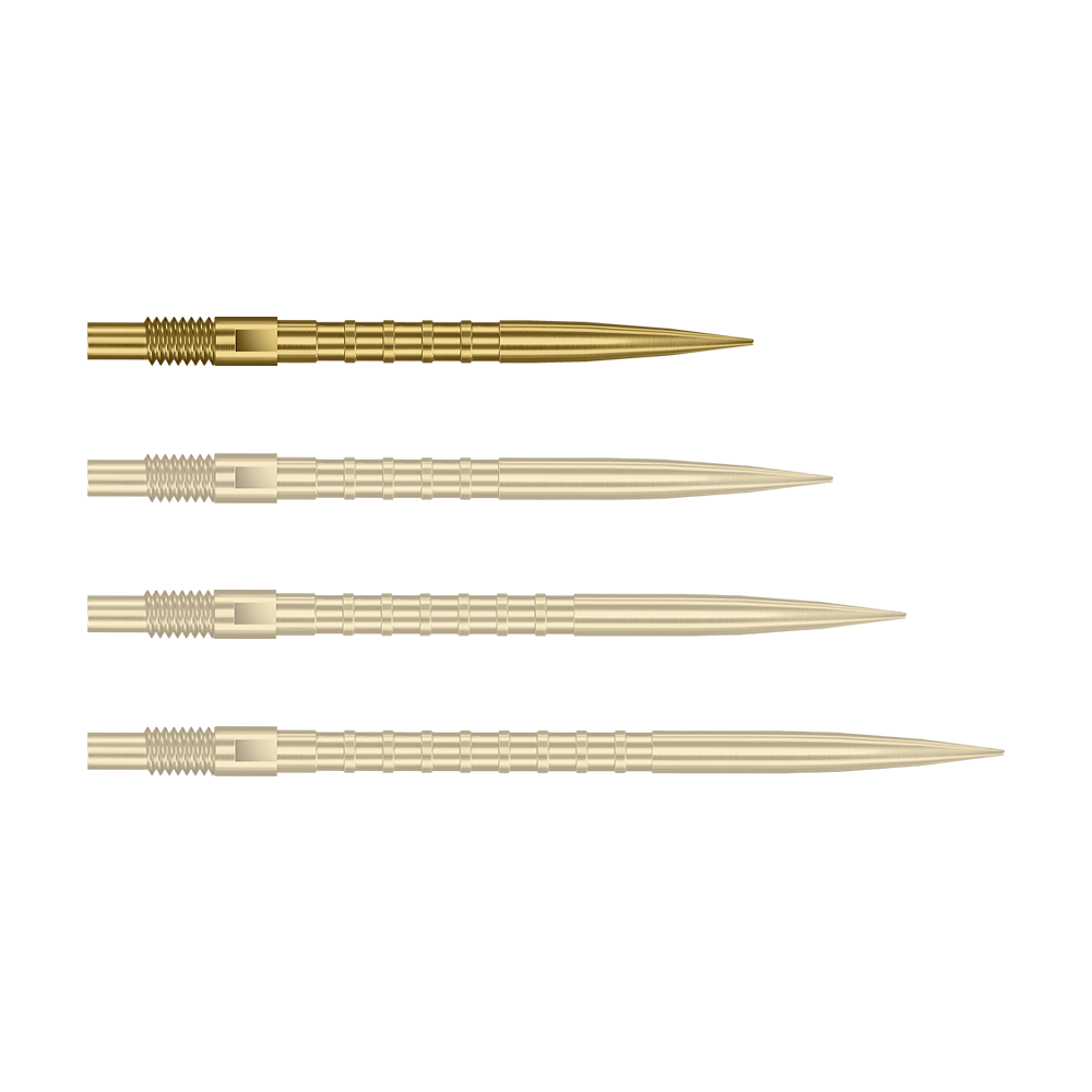 Punte per freccette Harrows Quick Point Heavy Metal - Oro Das Bild zeigt Dartspitzen mit starkem Metallgriff in goldener Farbe und 26mm Länge. Das Produkt ist Harrows Quick Point Heavy Metal Grip Dartspitzen Gold 26mm.