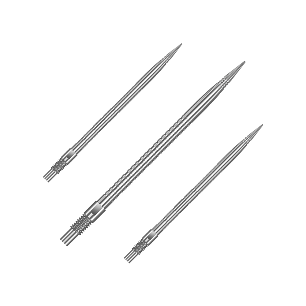 Punte per freccette Harrows Quick Point Micro Ridge - Argento Das Bild zeigt QP28023 Harrows Quick Point MicroRidge Dartspitzen Silber 40mm 1Set. Es handelt sich um Ersatz-Dartspitzen für Darts in silberner Farbe.