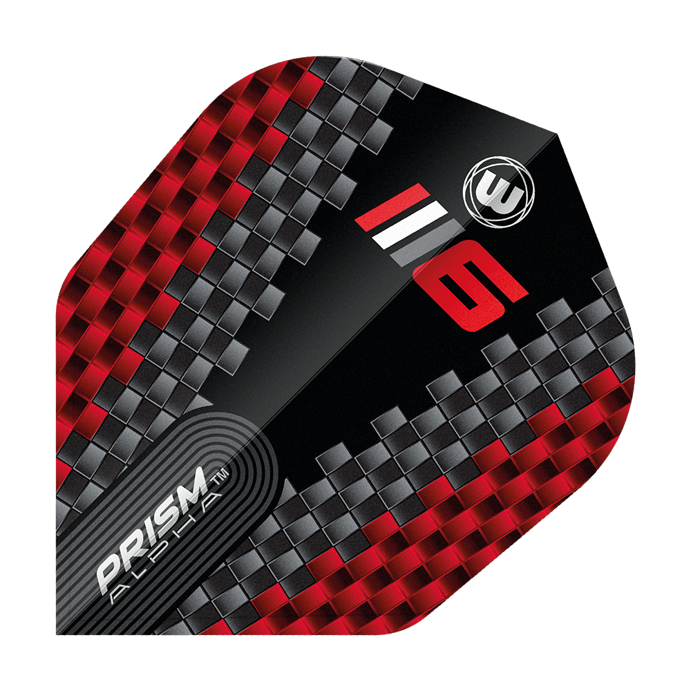 Voli Winmau Prism Alpha Blade 6 Chevron No6 Das Bild zeigt ein Dart-Flight mit einem modernen, roten und grauen Karomuster. Auf dem Flight stehen die Worte "PRISM ALPHA" sowie die Zahl "6" und das Winmau-Logo.