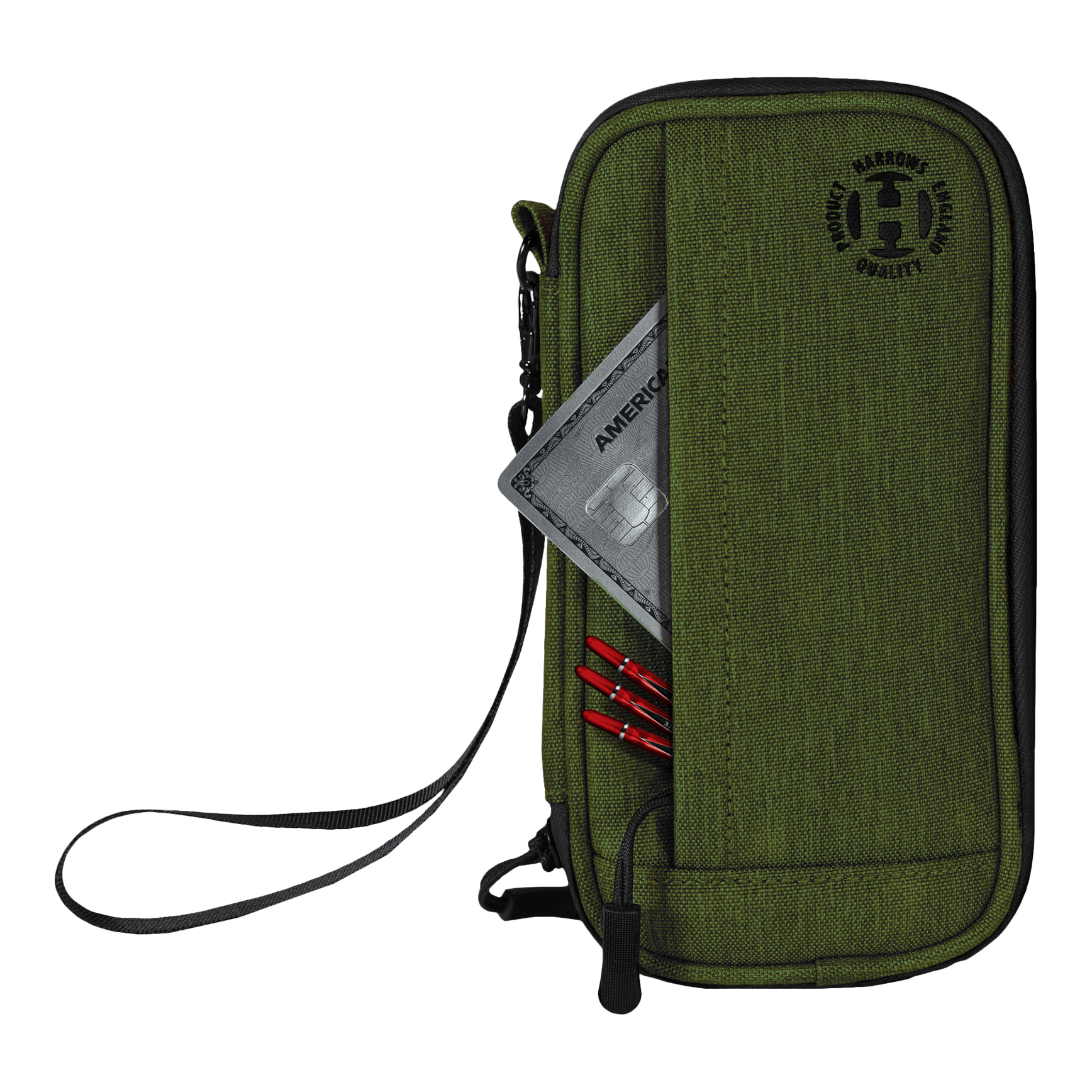 Portafoglio Smart Case Harrows Auf dem Bild ist ein grünes Dart-Etui mit einer Handschlaufe zu sehen. In einer Außentasche stecken eine Kreditkarte und mehrere rote Dartspitzen.