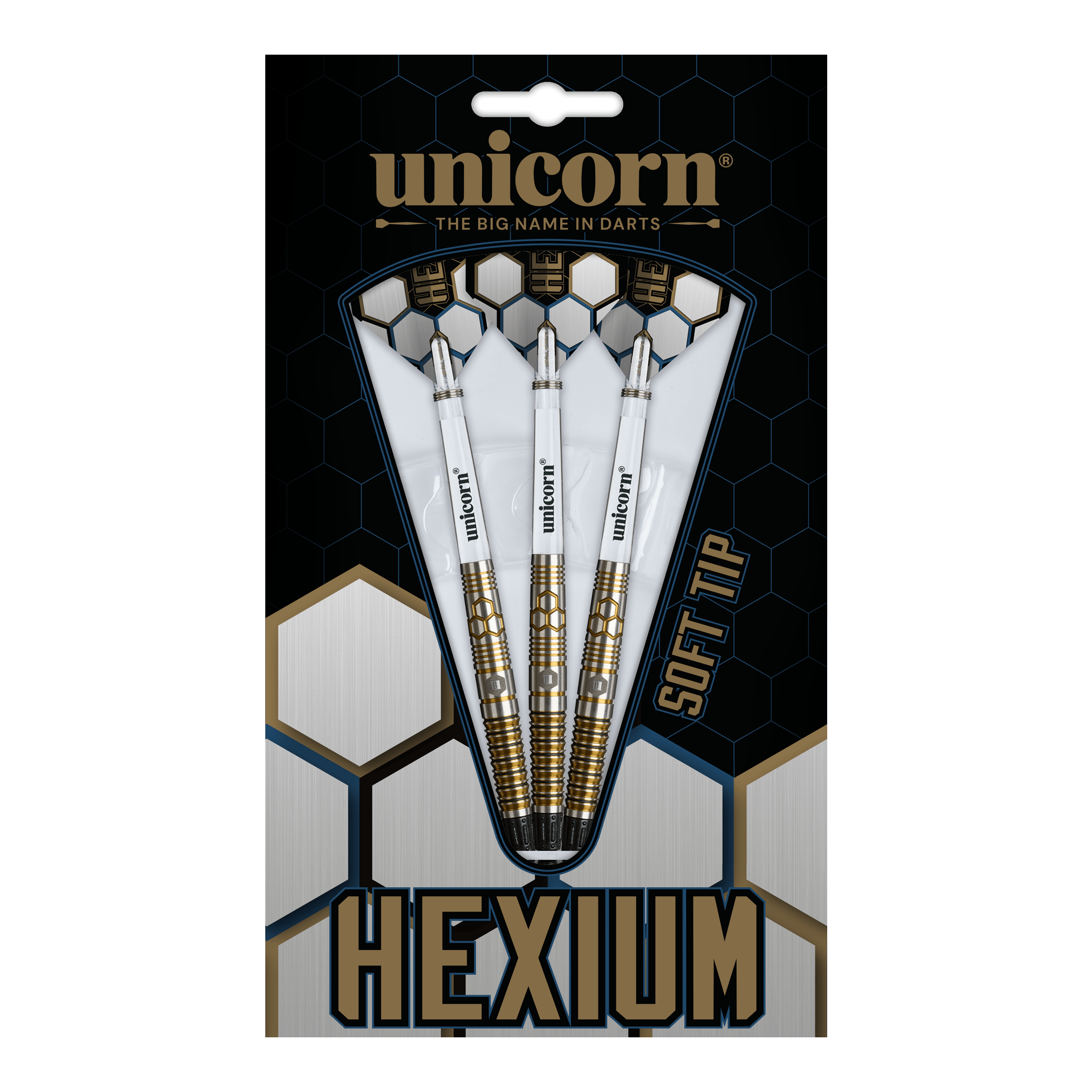 Abgebildet sind die Unicorn Hexium Style 03 Gold & Black Softdarts mit 23g. Die Pfeile zeichnen sich durch ihr elegantes Design in Gold und Schwarz aus.