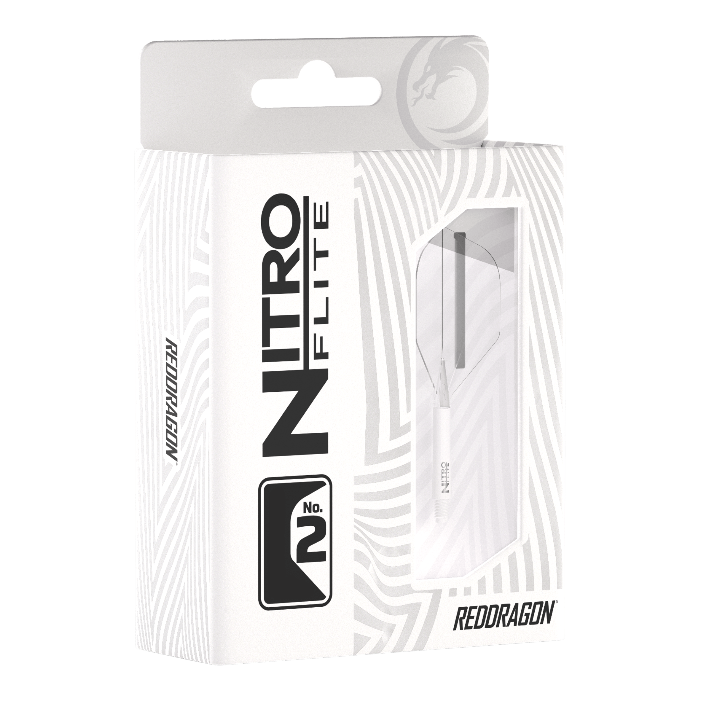 Voli Red Dragon Nitroflite - White Shaft Clear No2 Die Abbildung zeigt die Verpackung der „Red Dragon Nitroflite - White Shaft Clear No2 Flights“. Die Verpackung ist überwiegend weiß und hat ein Sichtfenster, durch das die Dartflights zu sehen sind.