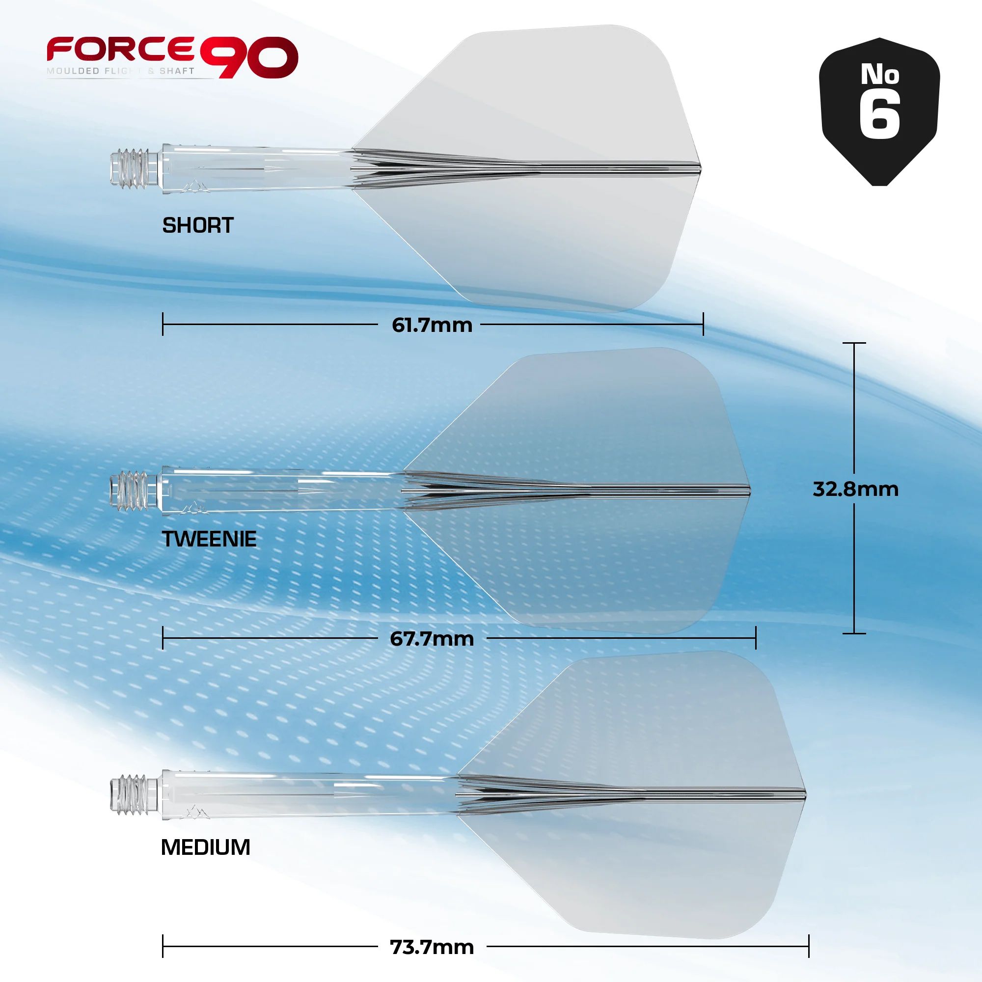 Sistema di alberi di volo Mission Force 90 No6 - Nero Das Bild zeigt das Produkt "Mission Force 90 No6 Flight-Shaft-System - Clear" in drei verschiedenen Längen: Short, Tweenie und Medium. Die jeweiligen Längen sind 61,7 mm, 67,7 mm und 73,7 mm, mit einer Flügelhöhe von 32,8 mm.