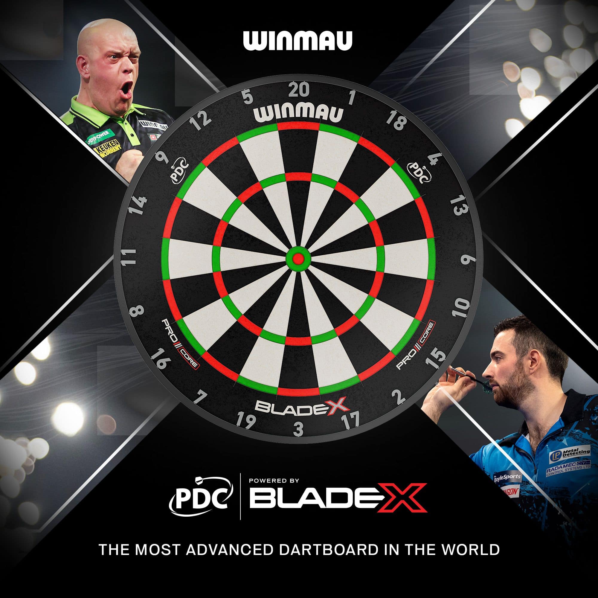 Auf dem Bild ist ein Winmau Blade X ProCore Steeldartboard zu sehen. Es ist für den Gebrauch mit Steeldarts geeignet.