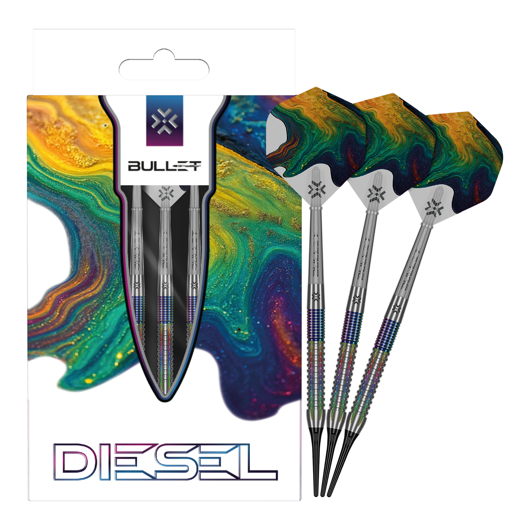 Auf dem Foto sind Bullet Diesel V2 20g Soft Darts zu sehen. Sie eignen sich gut für Softdartspieler.