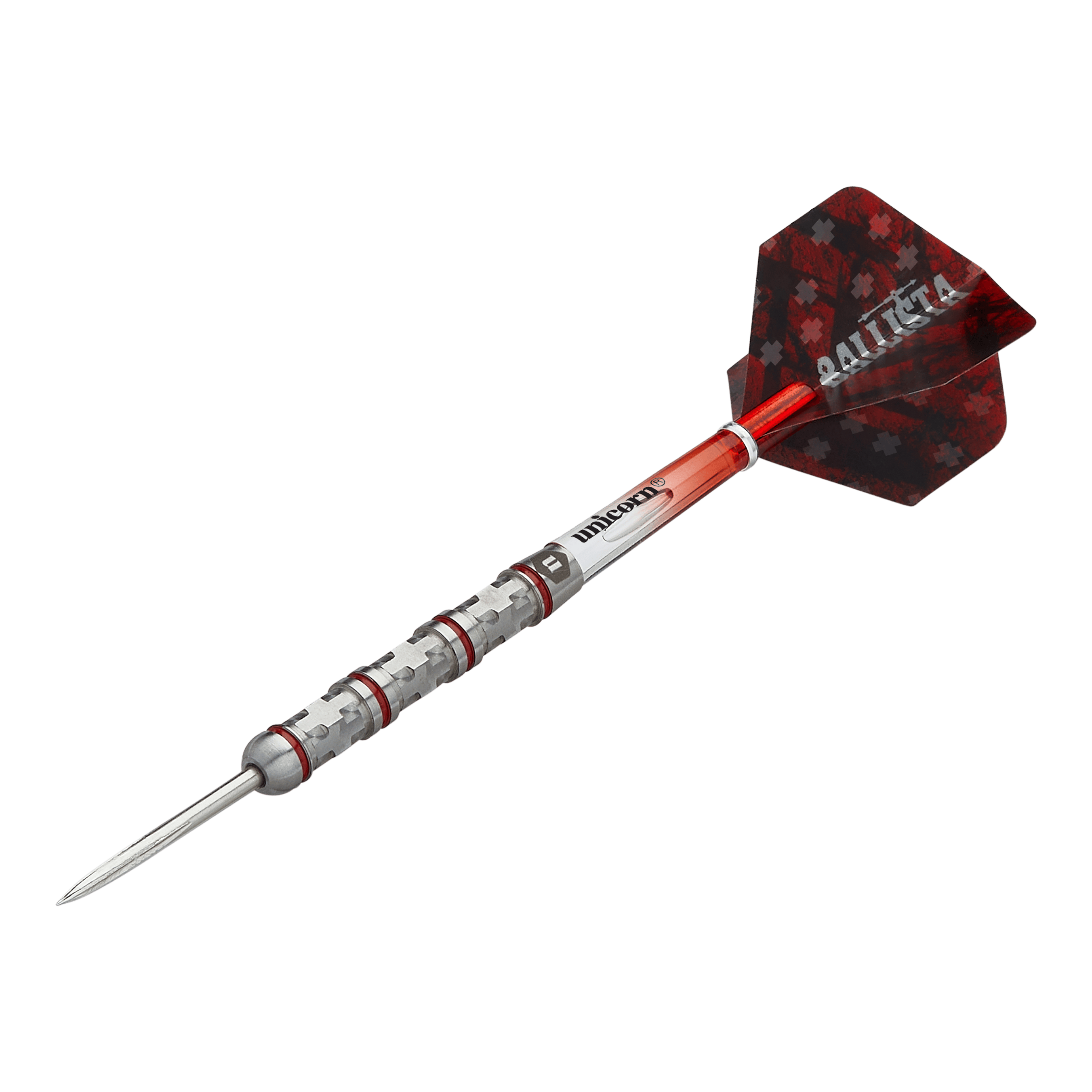 Unicorn Ballista Style 4 dardi in acciaio Das Bild zeigt einen Unicorn Ballista Style 4 Steeldart. Der Dartpfeil hat eine rot-silberne Farbgebung und ein markantes Flight-Design.