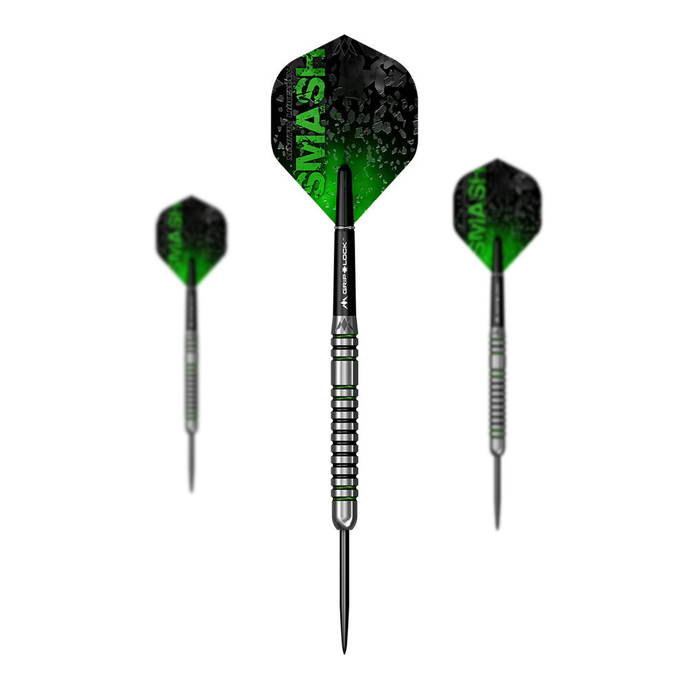 Missione Martin Lukeman Smash Steeldarts - 23g Das Bild zeigt drei Steeldarts mit dem Namen „Mission Martin Lukeman Smash Steeldarts - 23g“. Die Flights sind schwarz-grün und tragen den Schriftzug „SMASH“.