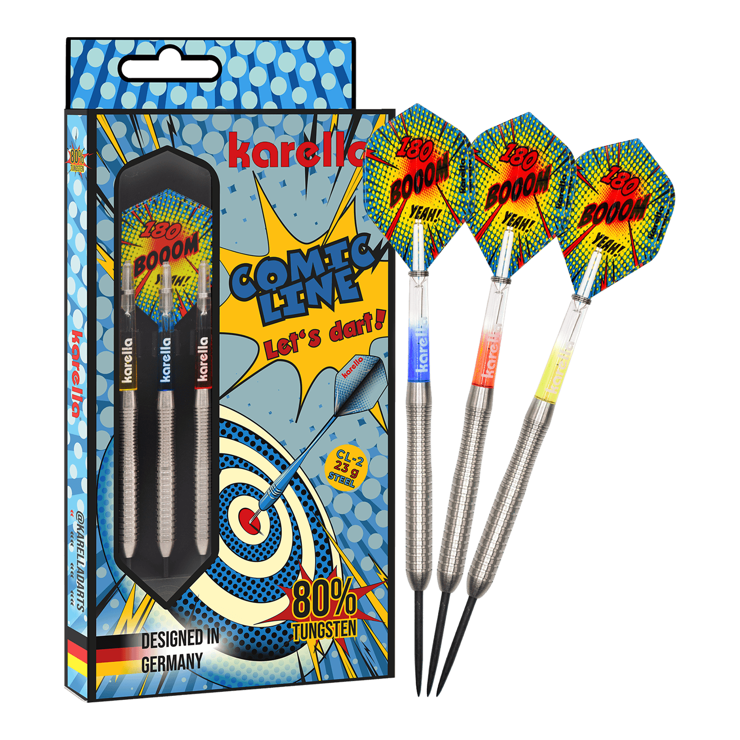 Freccette in acciaio Karella Comic Line CL-2 - 23 g Zu sehen ist das vollständige Set der Karella Comic Line CL-2 Steeldarts in 23g. Die Steeldarts bieten eine gute Balance für ambitionierte Spieler.