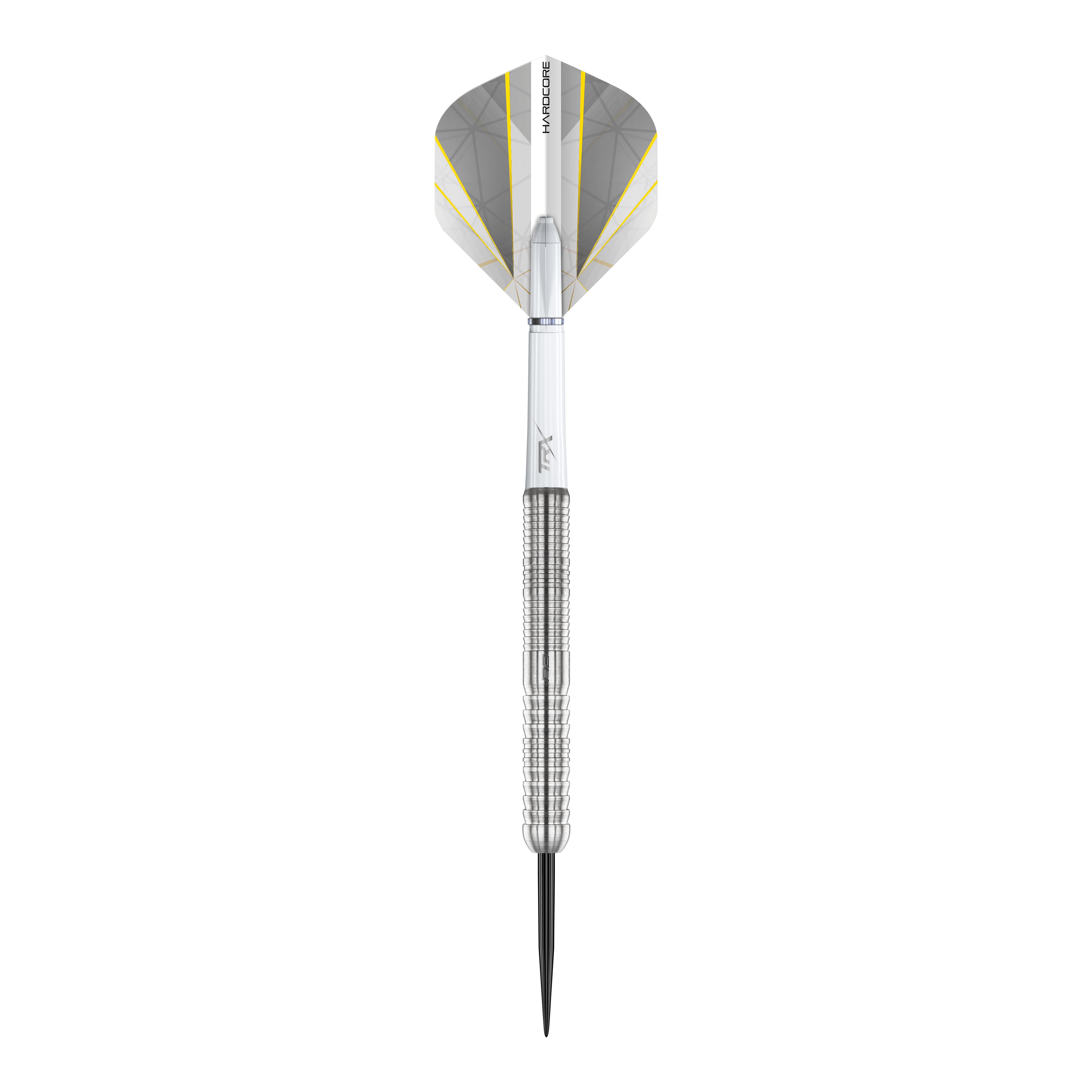 Red Dragon Seren 1 Pure Steeldarts Das Bild zeigt einen einzelnen Red Dragon Seren 1 Pure Steeldart. Der Dart ist silberfarben mit einem strukturierten Griff und einem weißen Flight mit gelben und grauen Akzenten.
