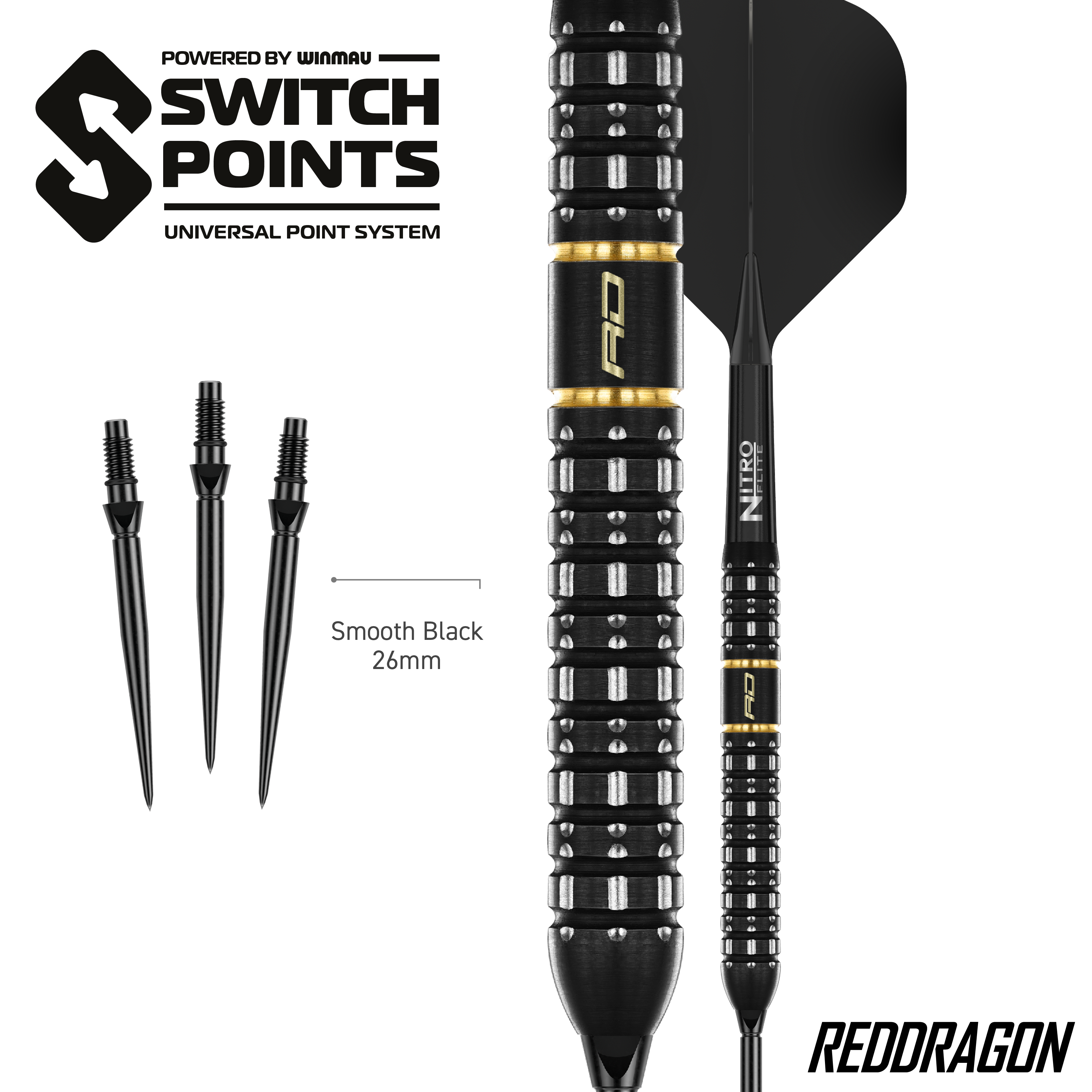 Dardi d'acciaio Red Dragon Ascend Parallel Switch Point Das Bild zeigt die Red Dragon Ascend Parallel Switch Point Steeldarts. Die Darts sind seitlich abgebildet und zeigen das spezielle Barrel-Design.