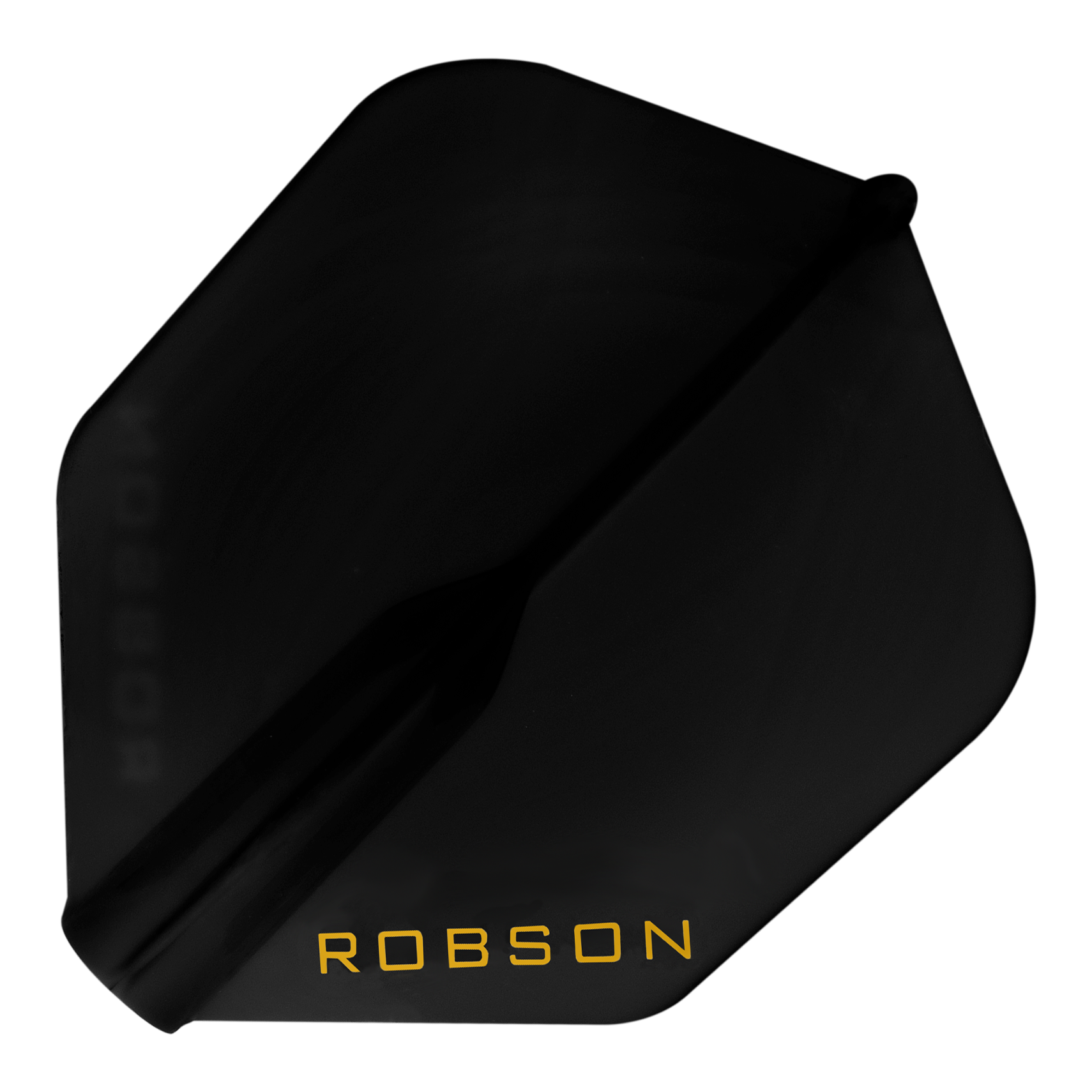 Voli Robson Plus - NO6 Auf dem Bild ist ein schwarzes Dart-Flight zu sehen. In einer Ecke steht das Wort "ROBSON" in gelber Schrift.
